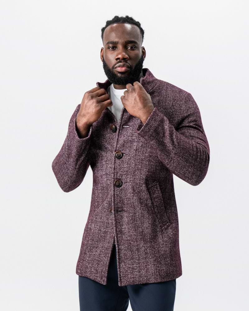 Maroon Herringbone Open Button Overcoat