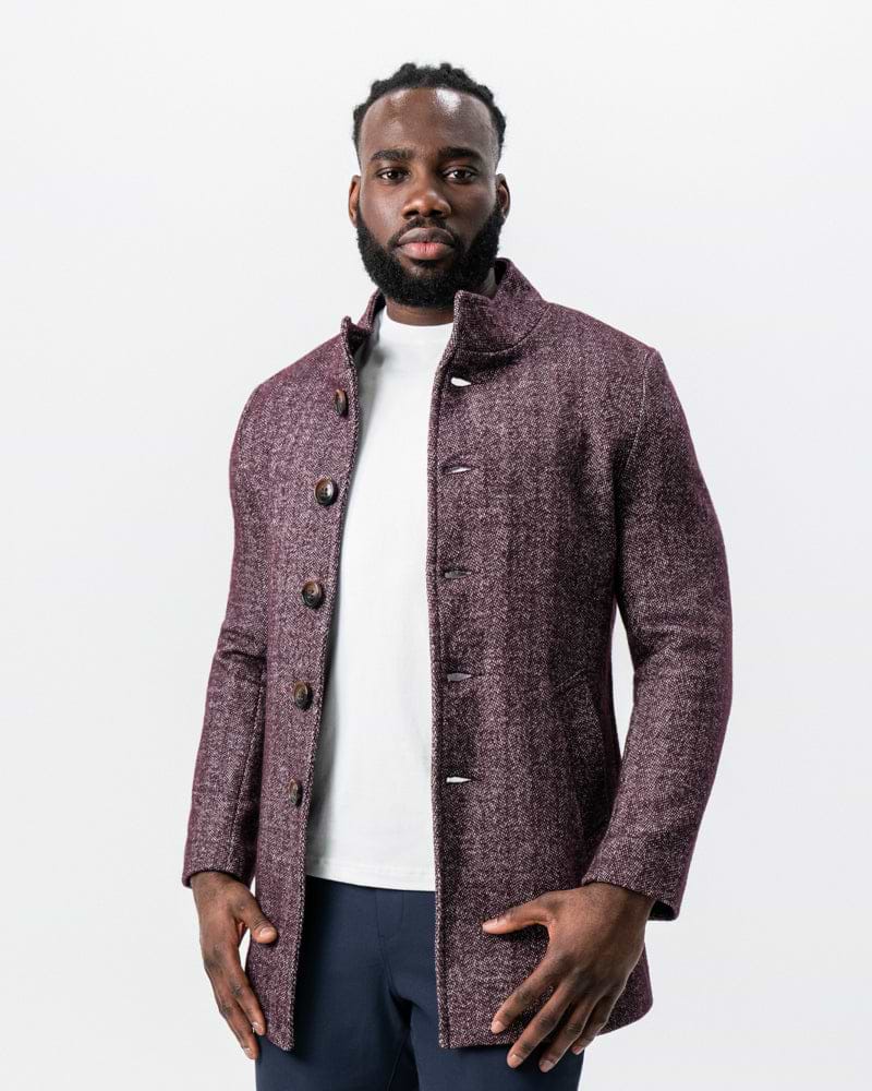Maroon Herringbone Open Button Overcoat