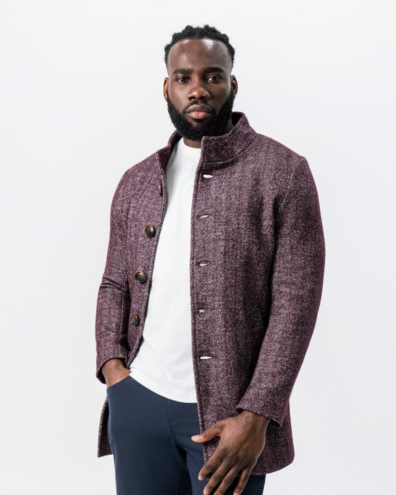Maroon Herringbone Open Button Overcoat