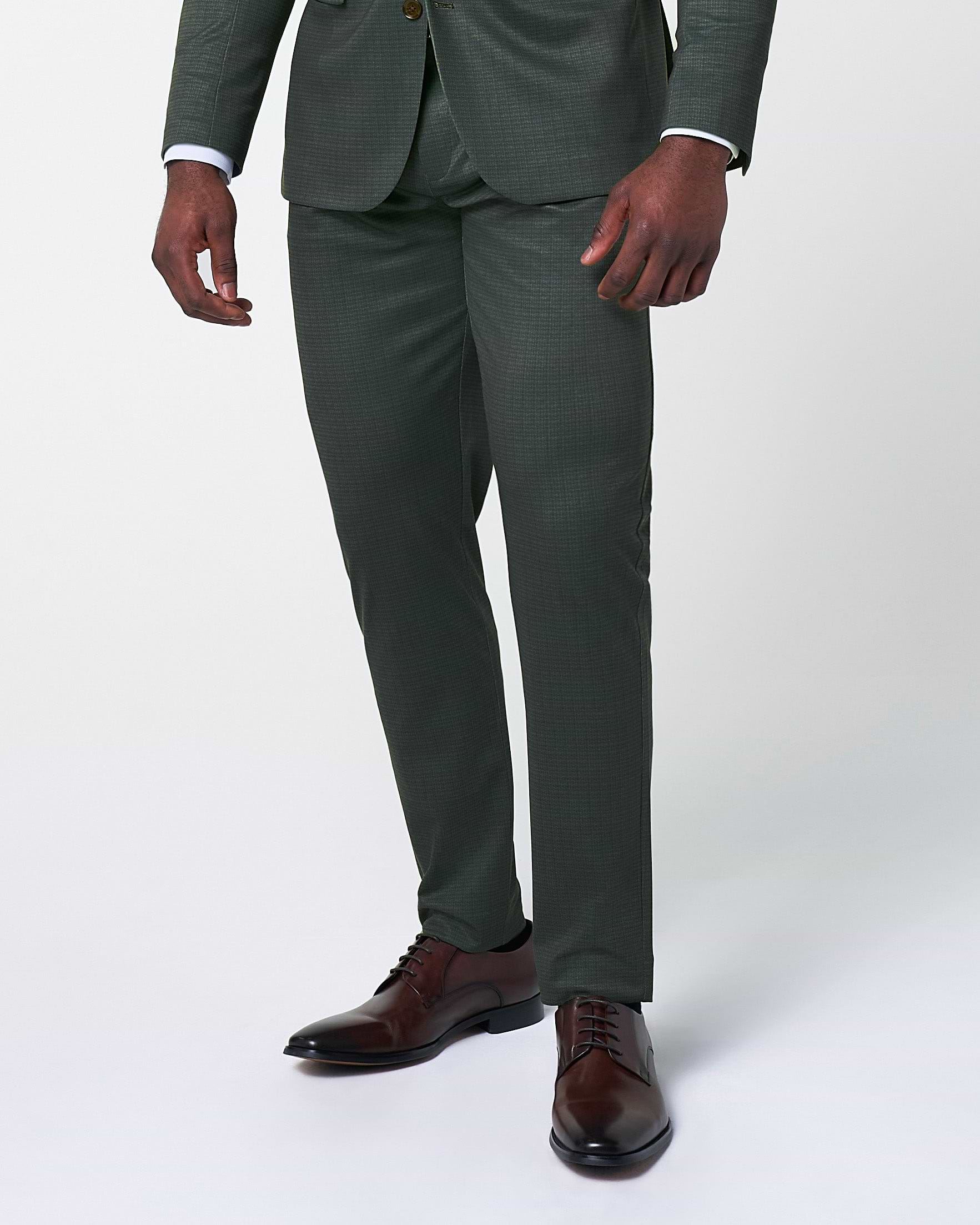 Athletic Fit Stretch Suit Pants - Army Green Microcheck