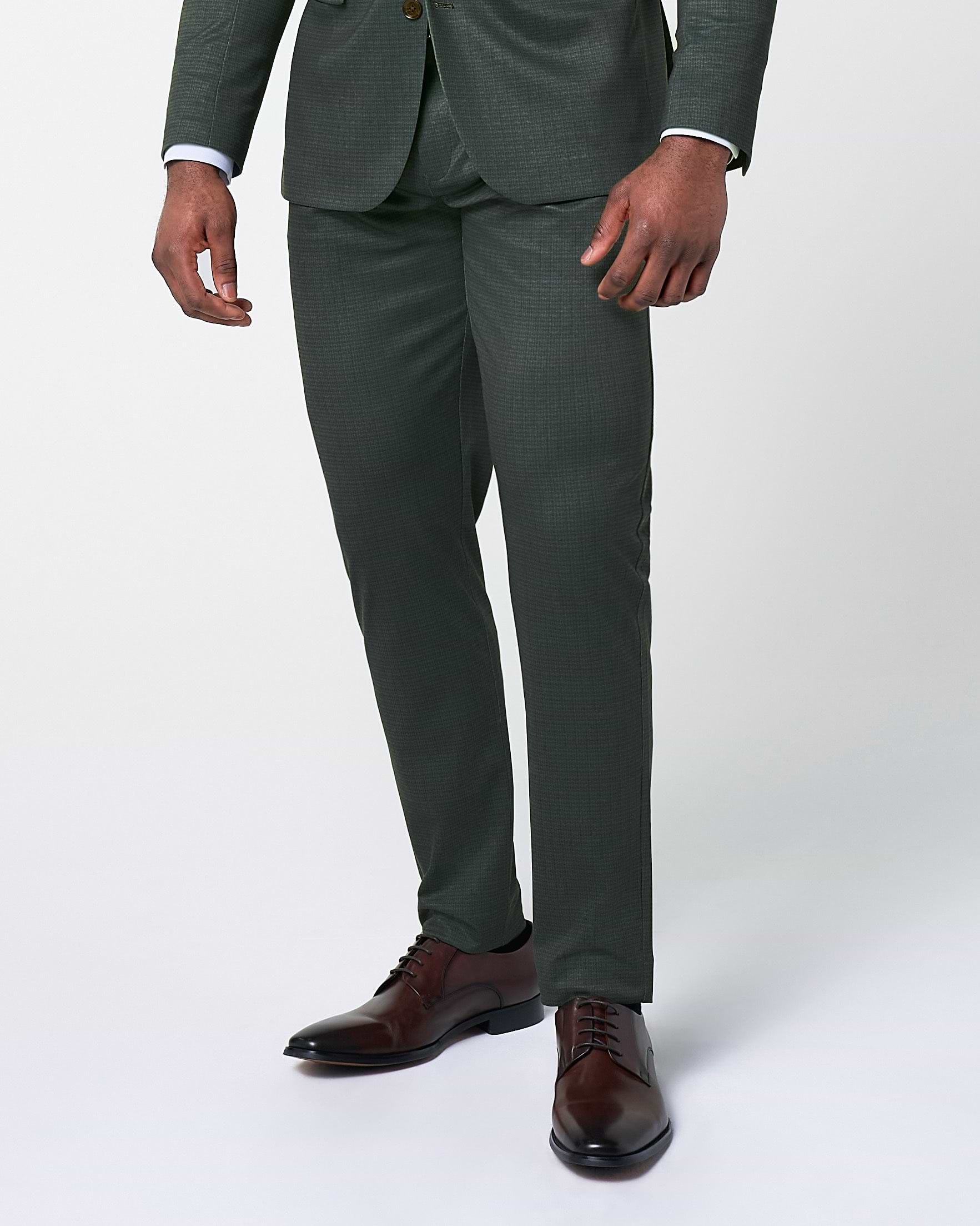 Athletic Fit Stretch Suit Pants - Army Green Microcheck