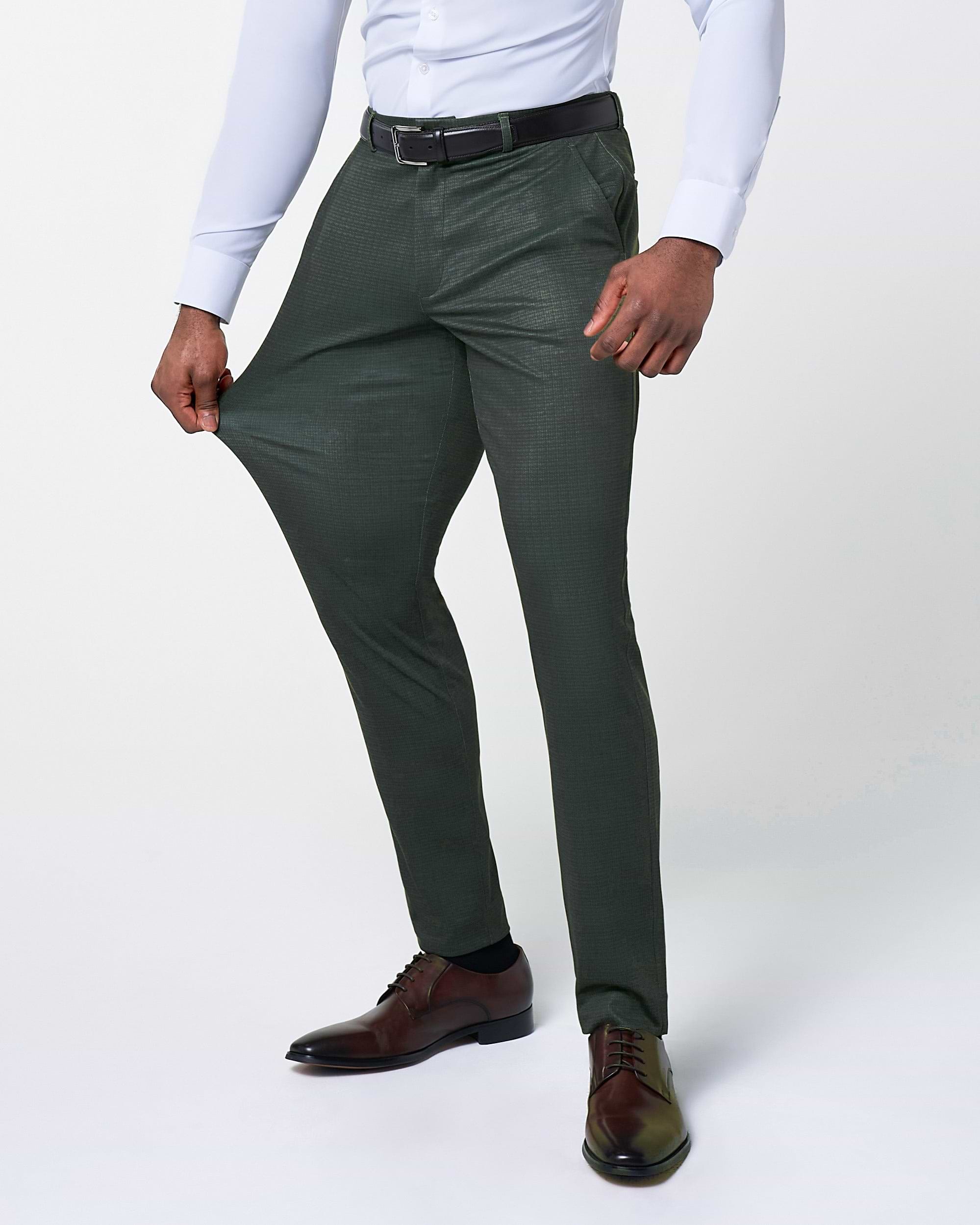 Athletic Fit Stretch Suit Pants - Army Green Microcheck
