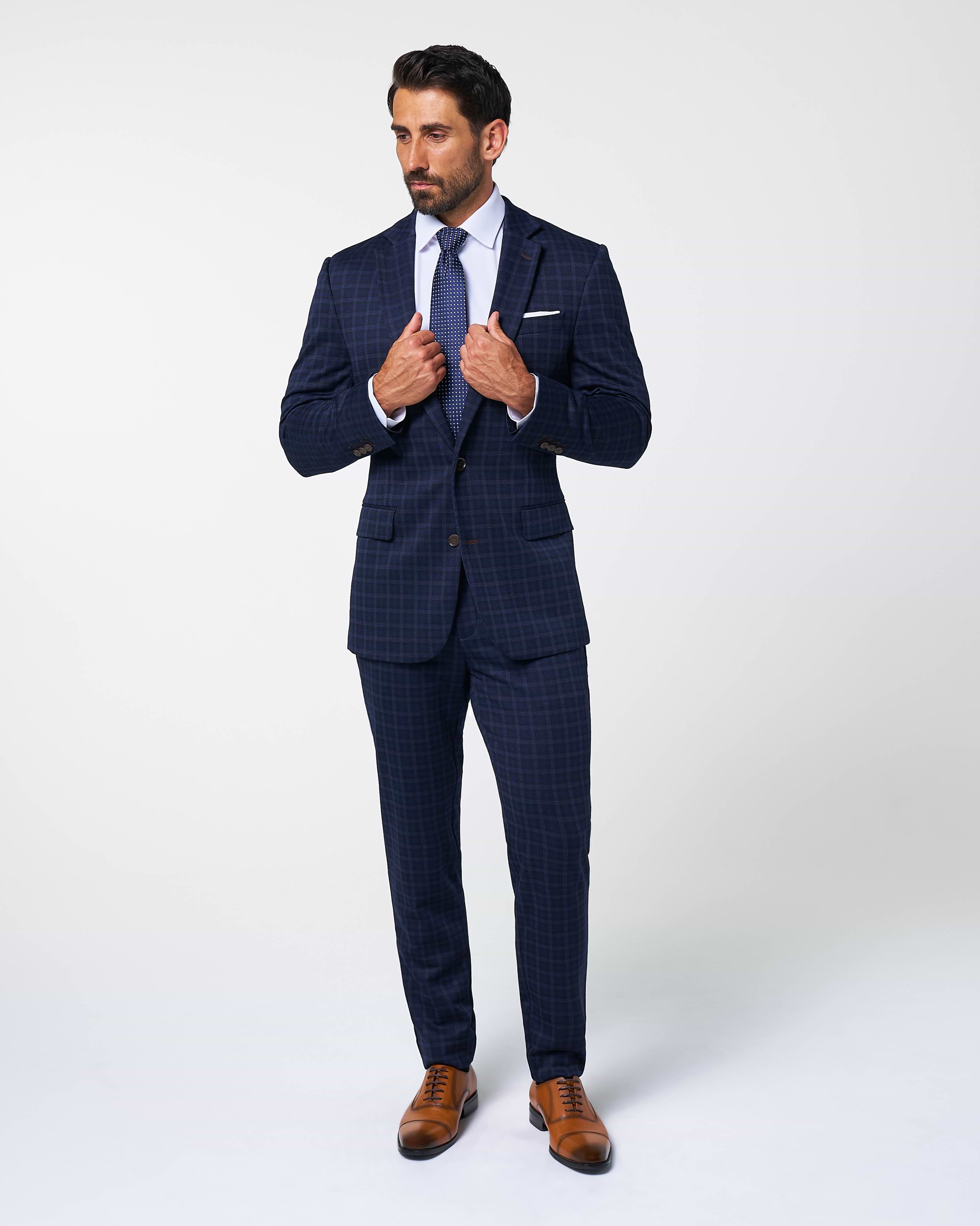 Athletic Fit Stretch Wool Suit Pants - Blue Plaid