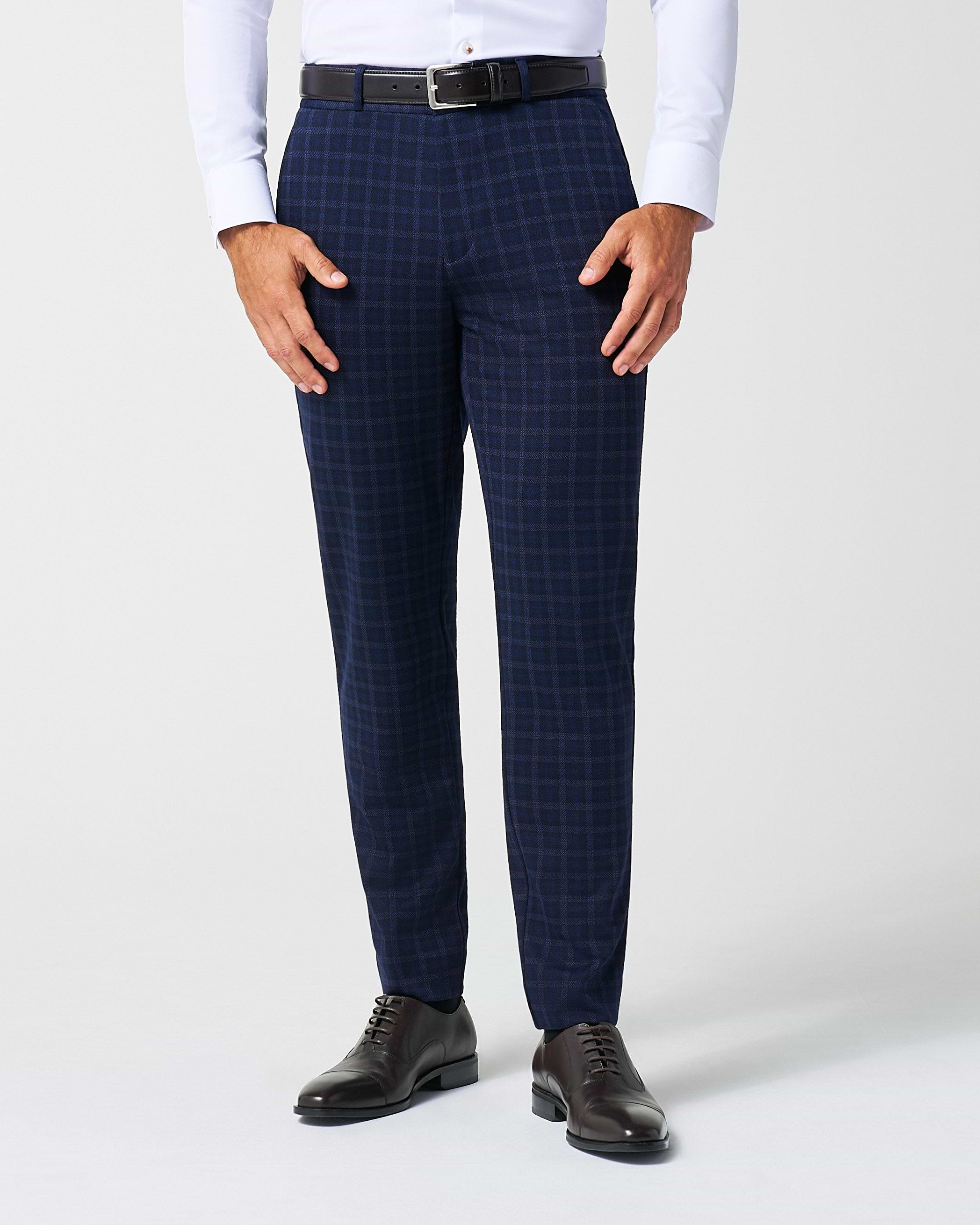 Athletic Fit Stretch Wool Suit Pants - Blue Plaid
