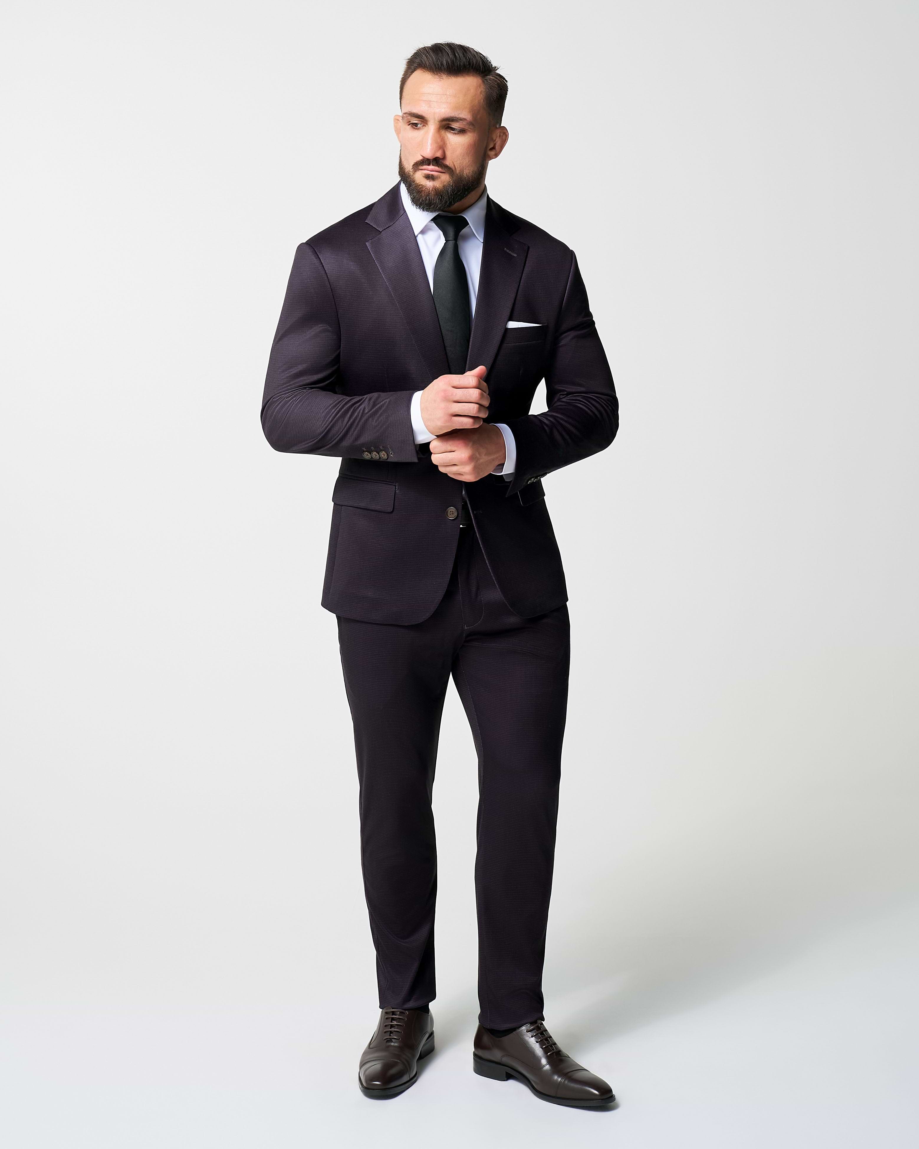 Athletic Fit Stretch Suit Pants - Deep Burgundy Microcheck