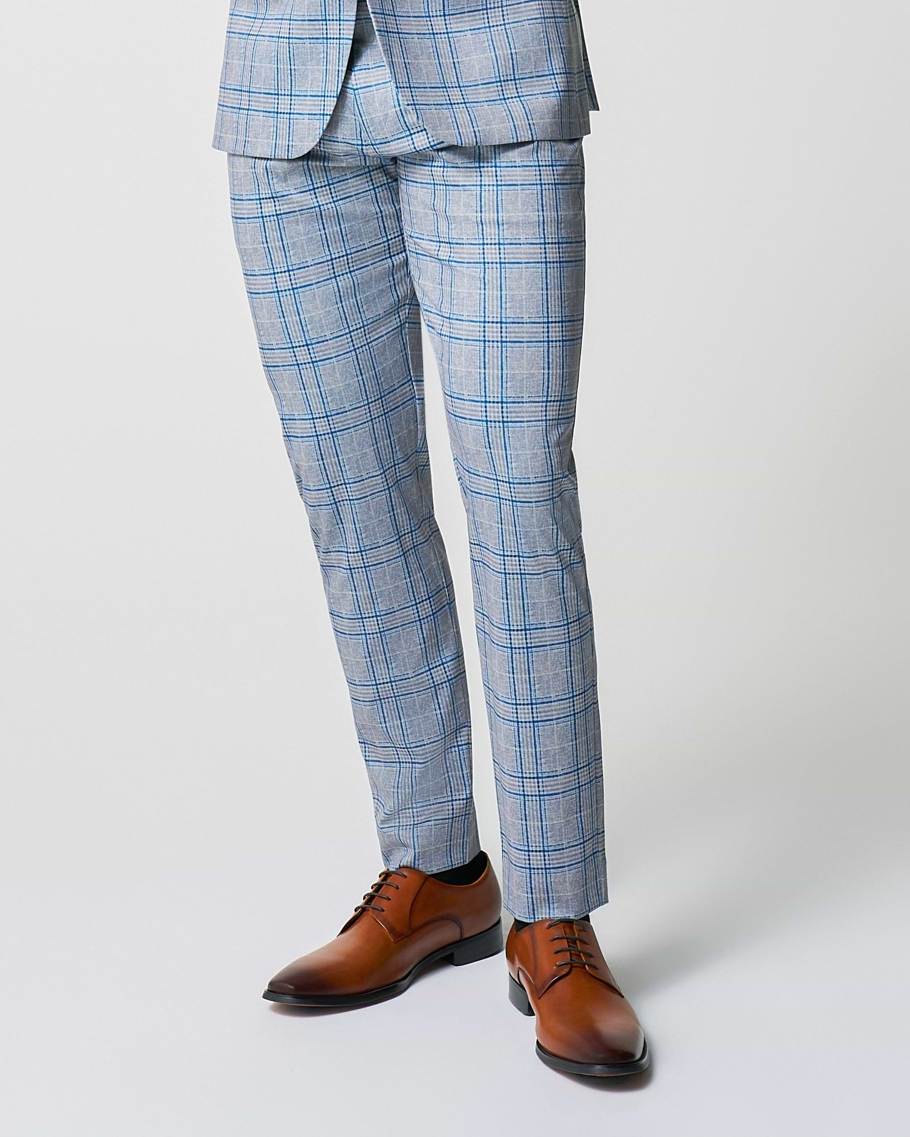 Athletic Fit Stretch Suit Pants - Grey & Royal Blue Plaid