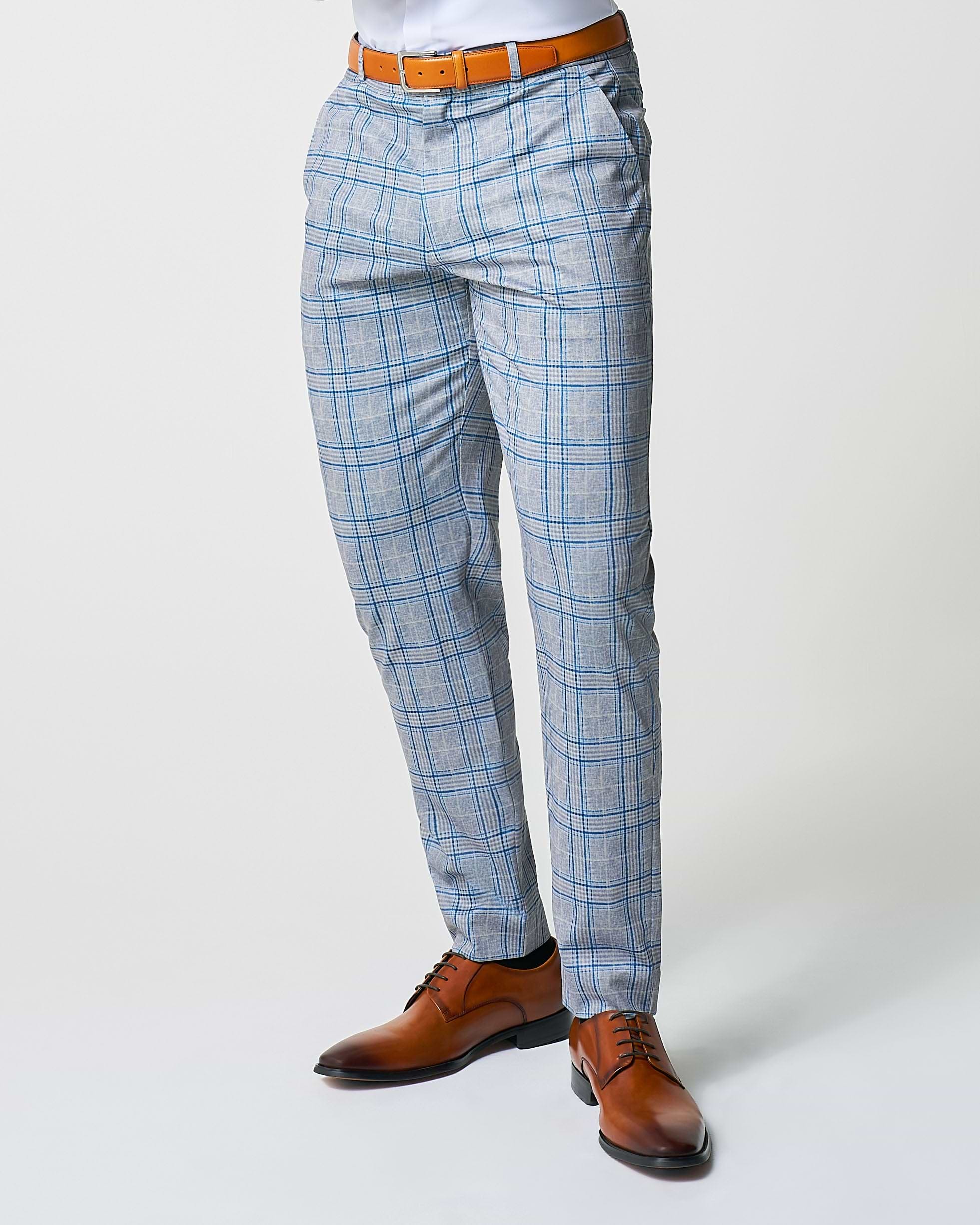 Athletic Fit Stretch Suit Pants - Grey & Royal Blue Plaid