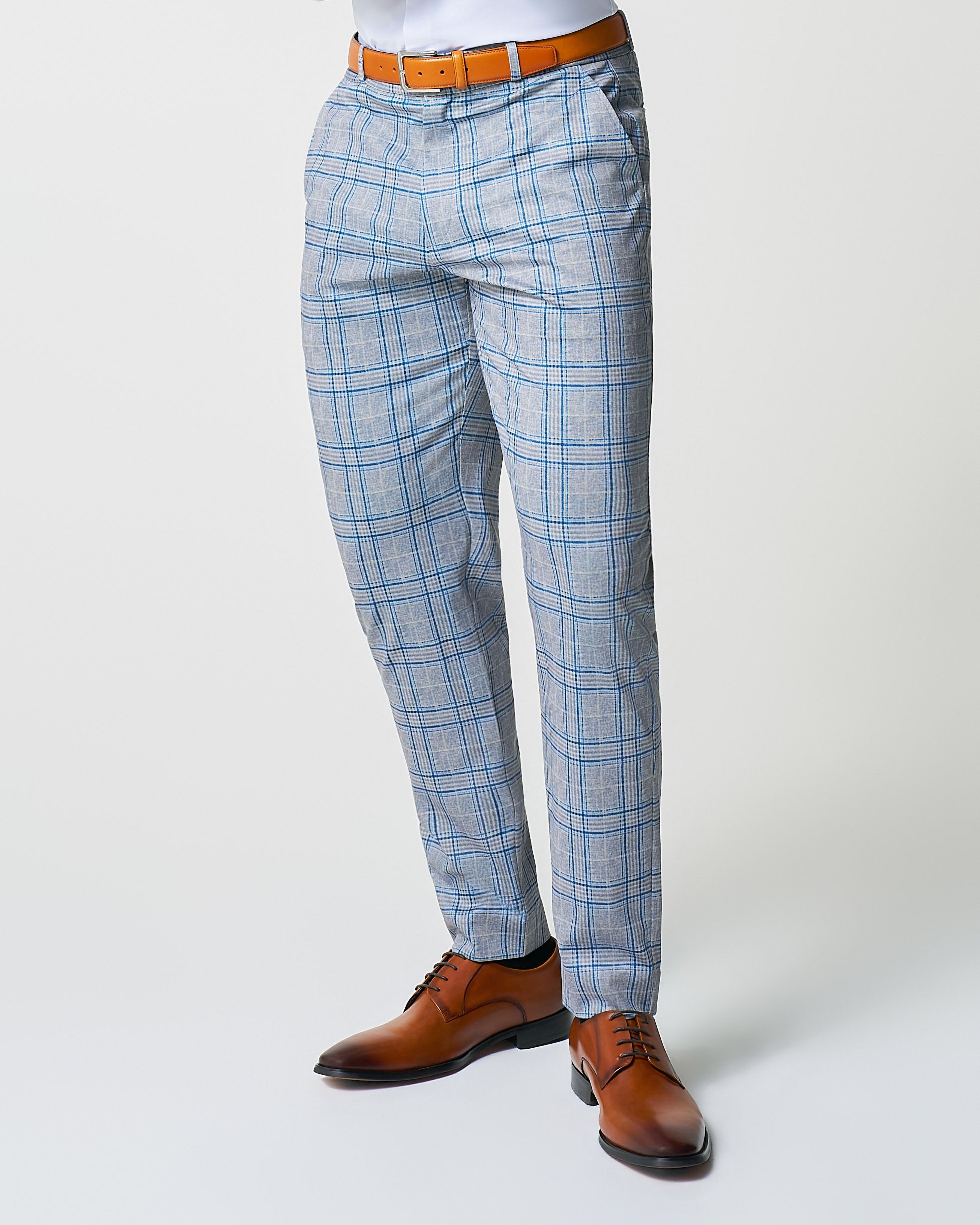 Athletic Fit Stretch Suit Pants - Grey & Royal Blue Plaid