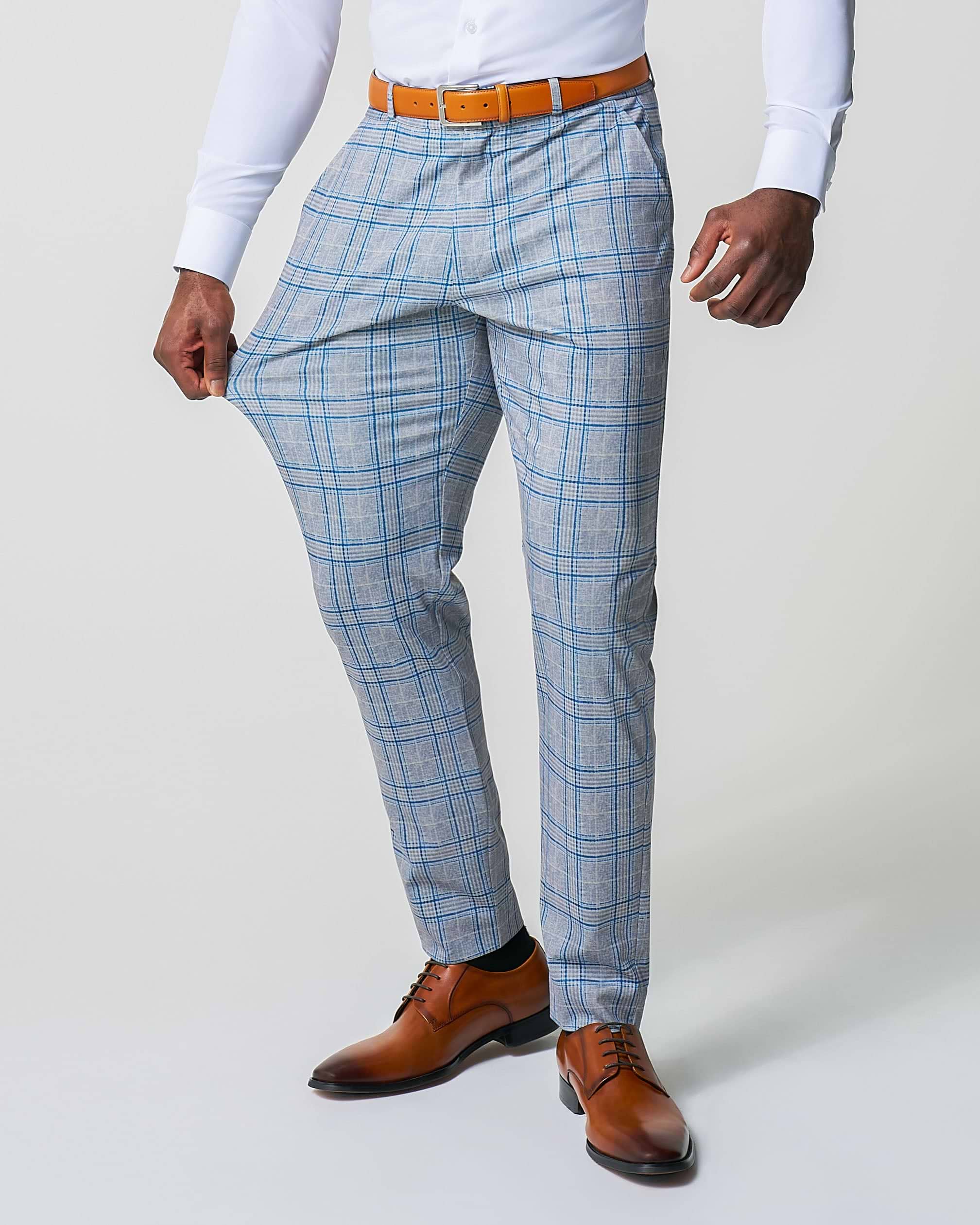 Athletic Fit Stretch Suit Pants - Grey & Royal Blue Plaid