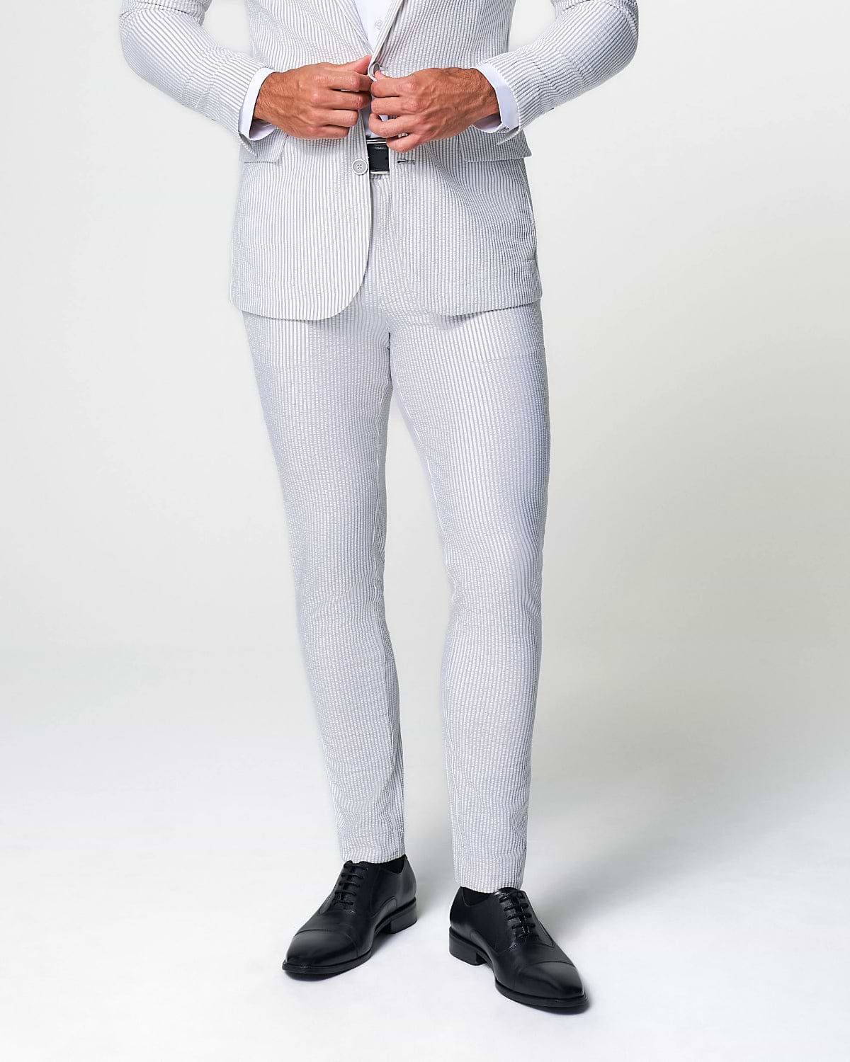 Athletic Fit Stretch Pants - Grey & White Seersucker