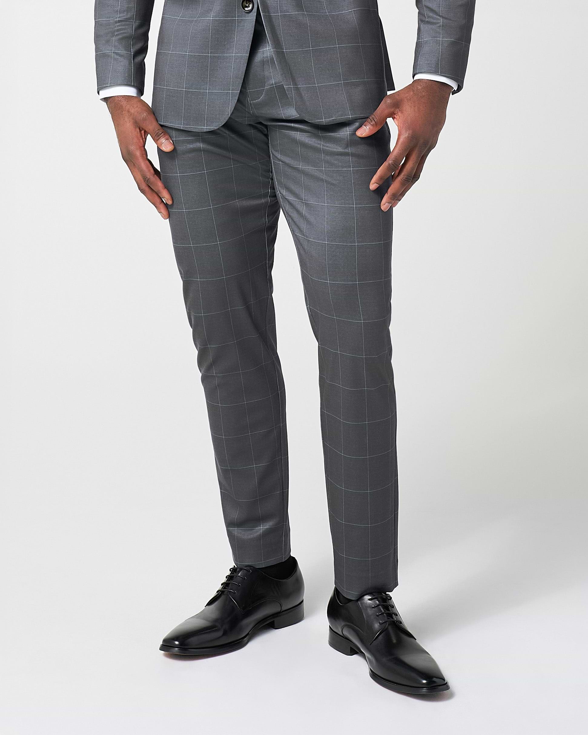 Athletic Fit Stretch Suit Pants - Grey and White Big Windowpane