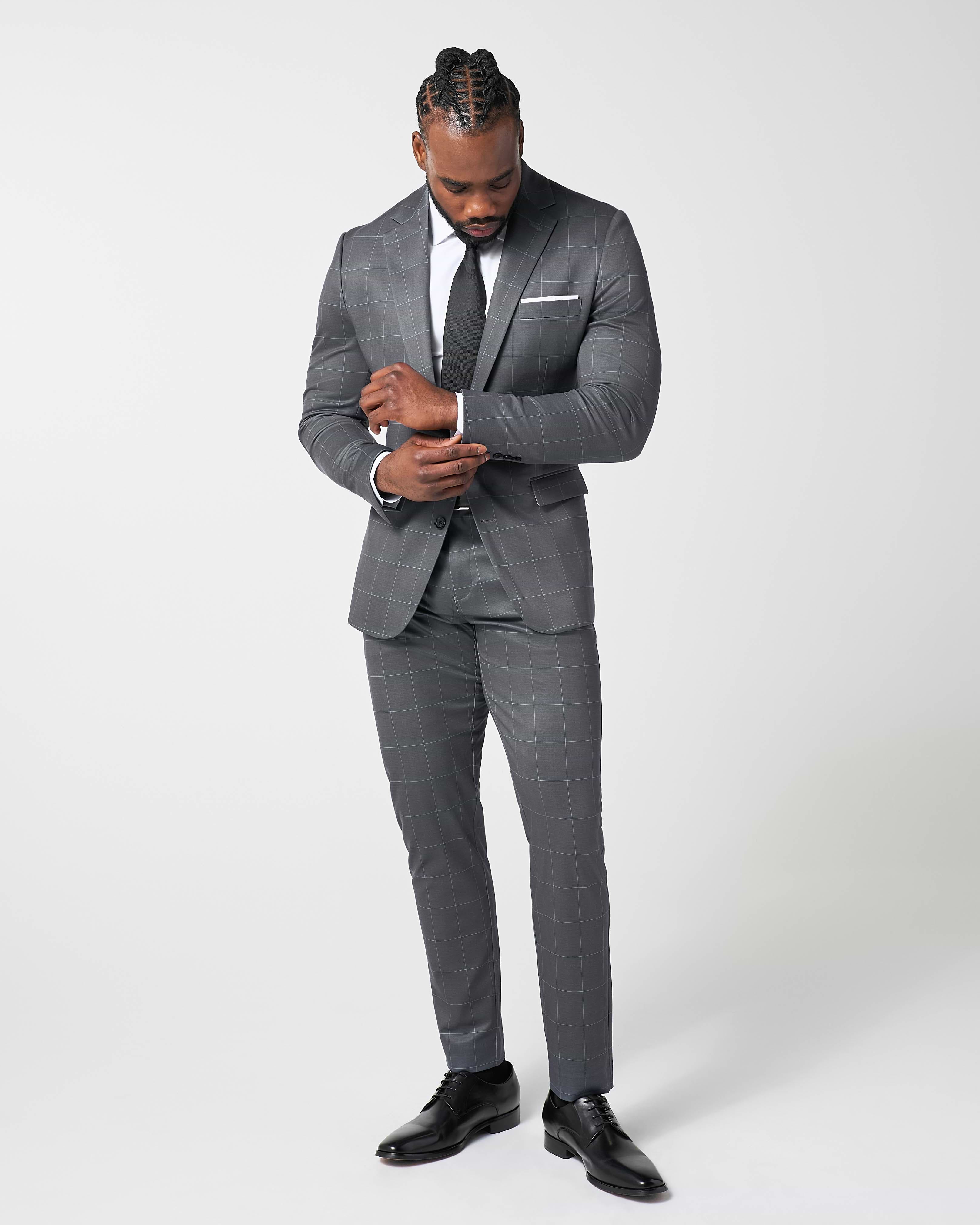 Athletic Fit Stretch Suit Pants - Grey and White Big Windowpane