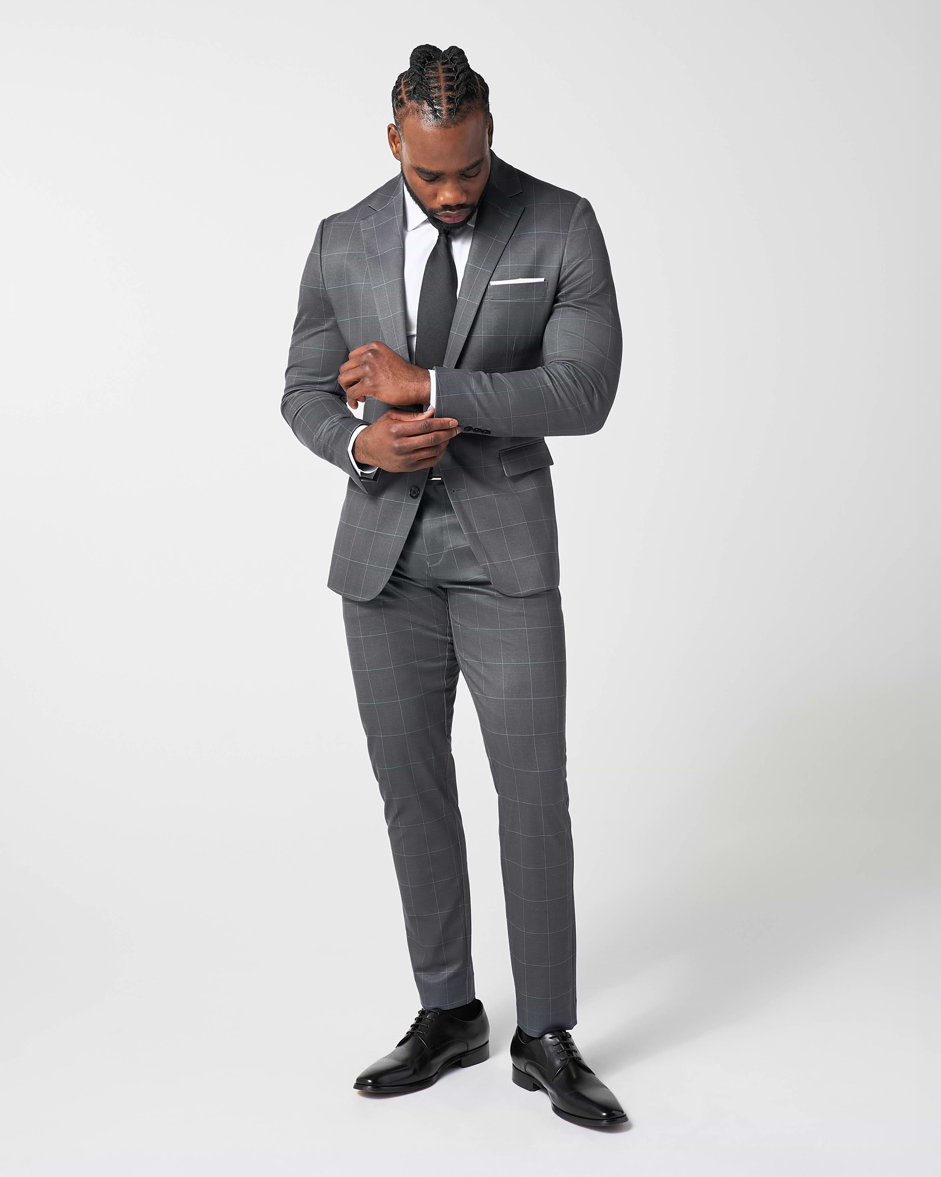 Athletic Fit Stretch Suit Pants - Grey and White Big Windowpane