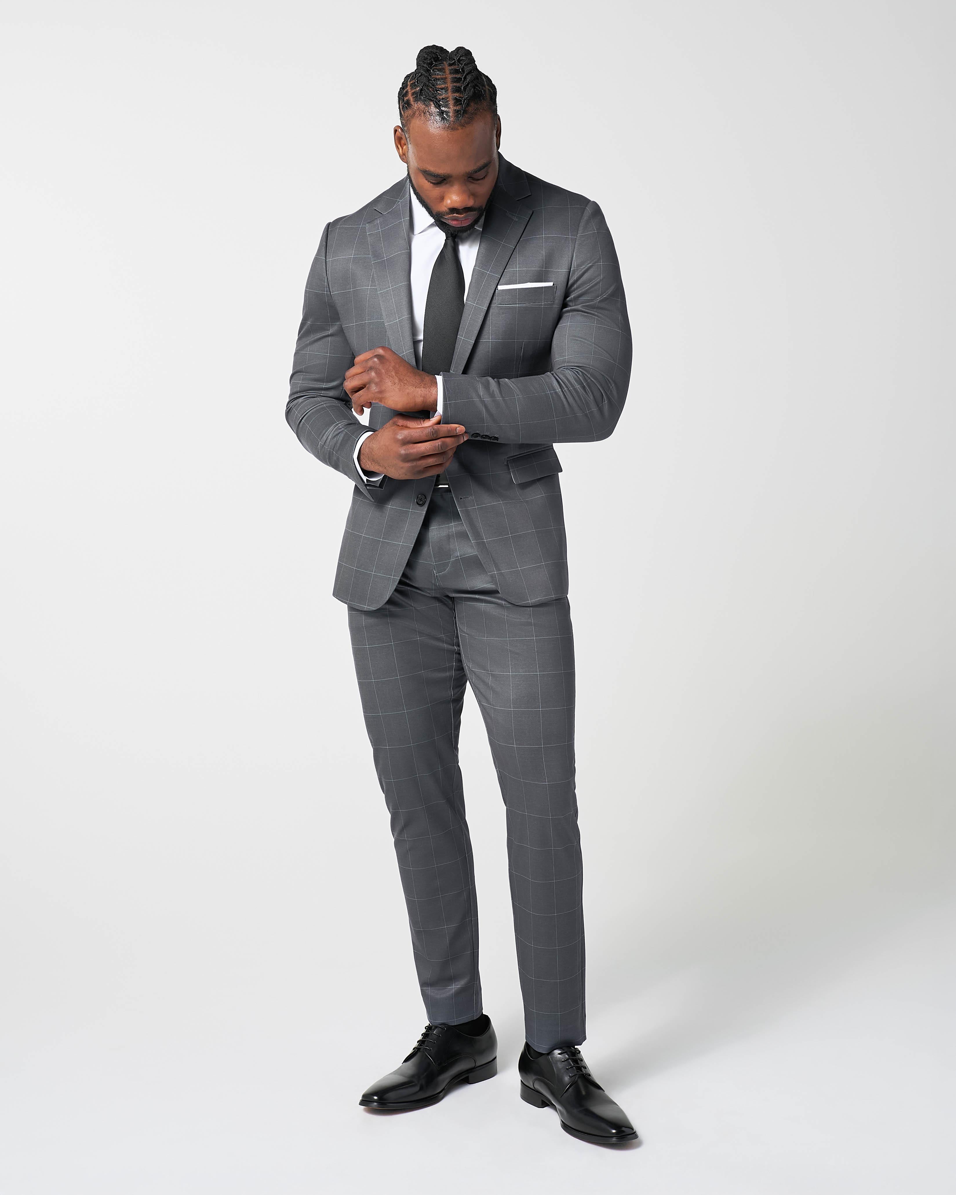 Athletic Fit Stretch Suit Pants - Grey and White Big Windowpane