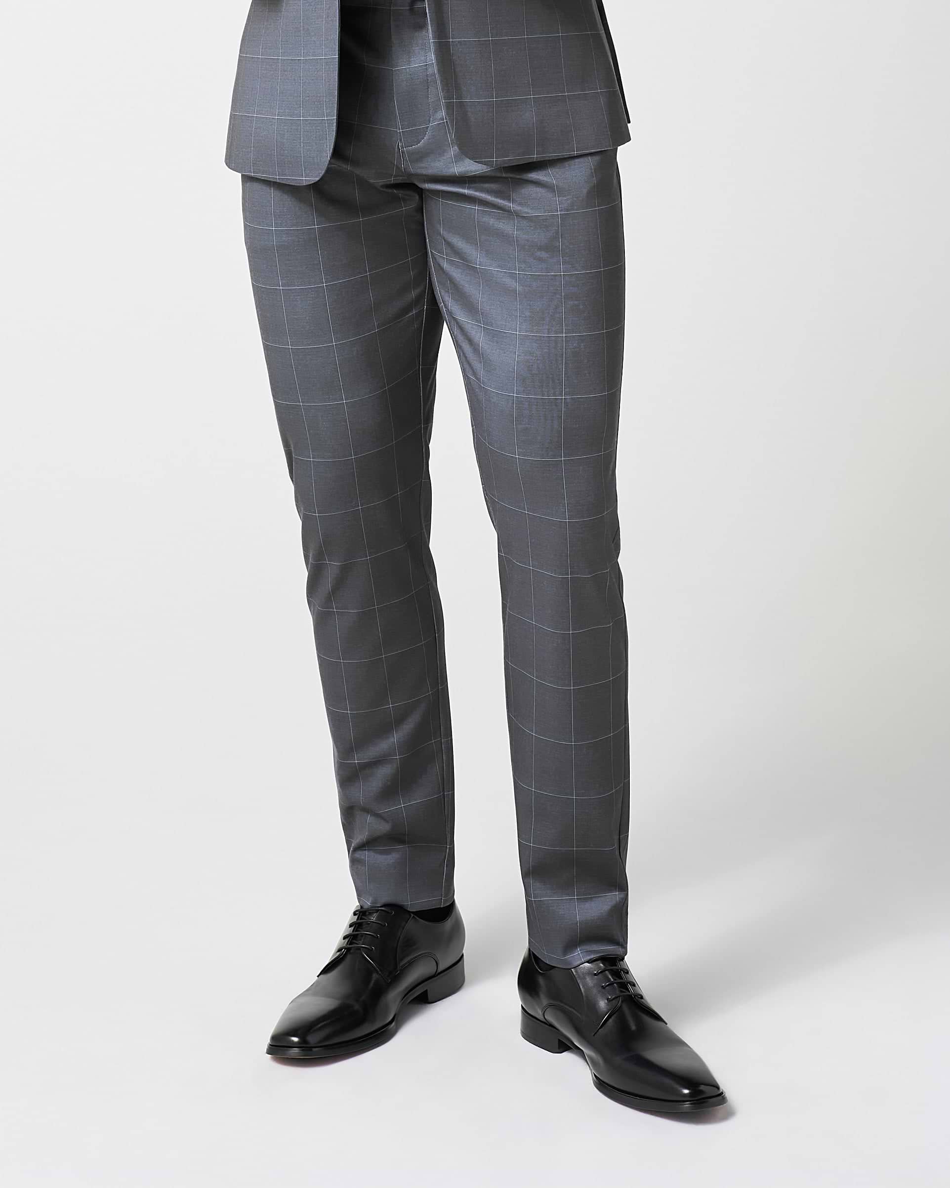 Athletic Fit Stretch Suit Pants - Grey and White Big Windowpane