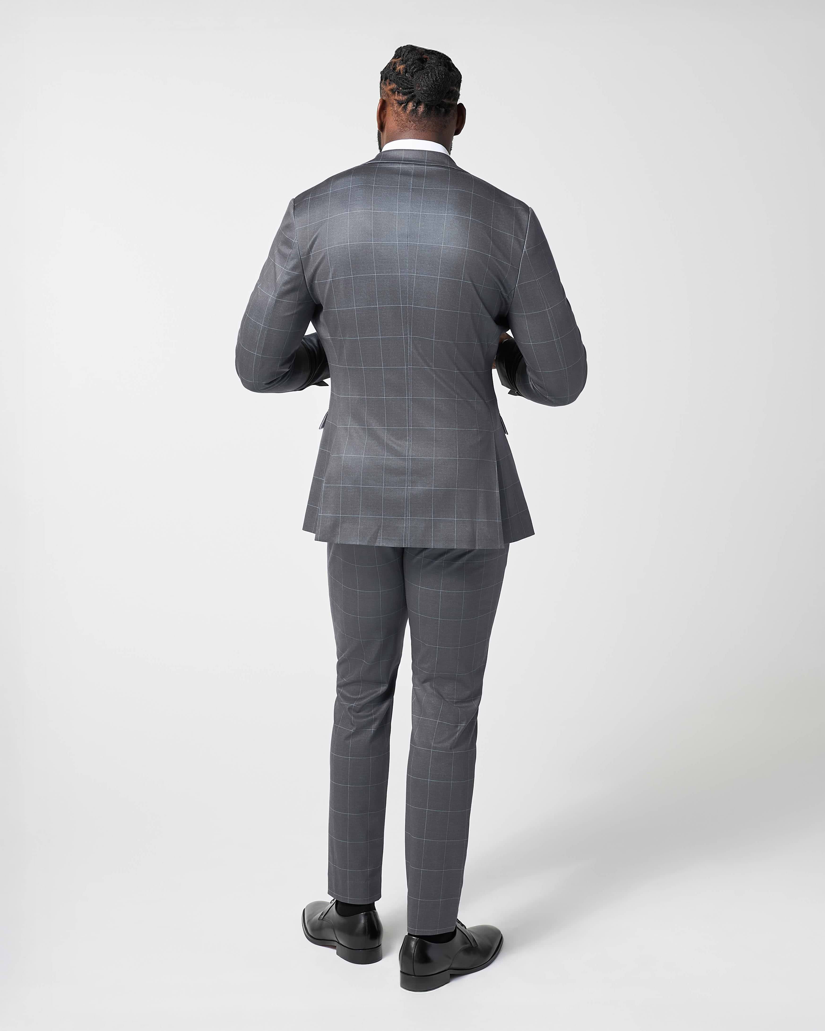 Athletic Fit Stretch Suit Pants - Grey and White Big Windowpane