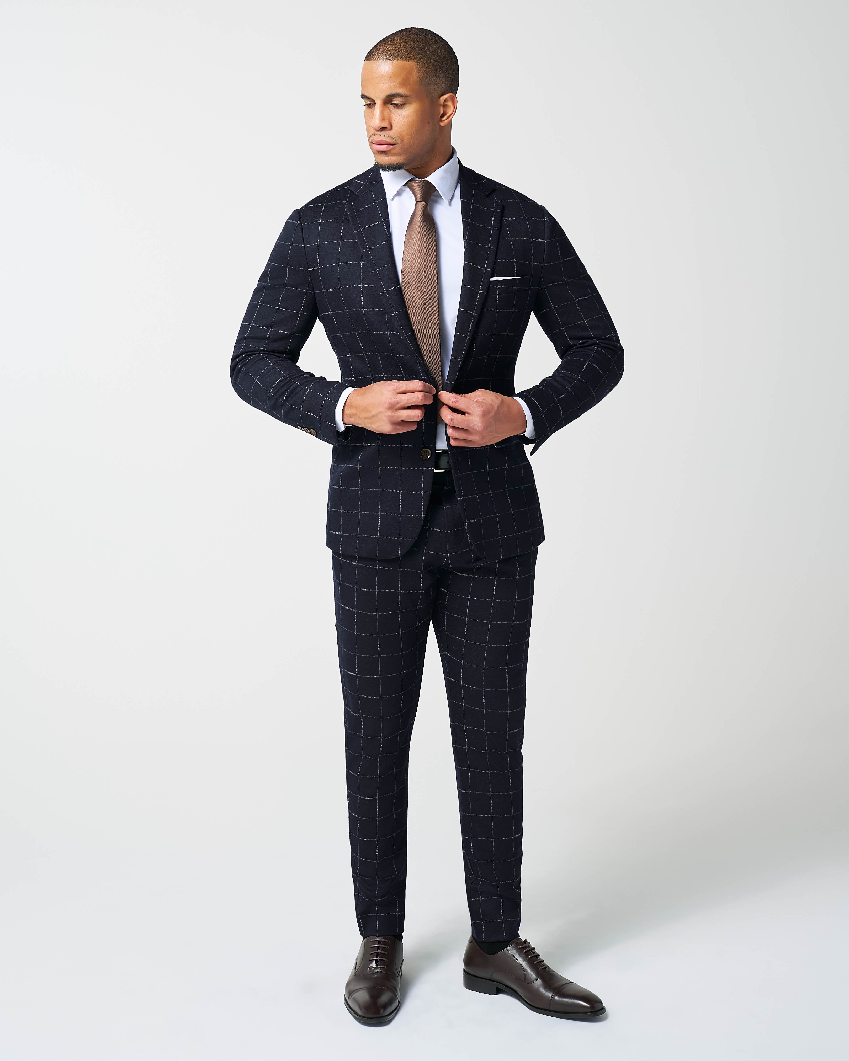 Athletic Fit Stretch Wool Suit Pants - Midnight Navy & Chalk Windowpan