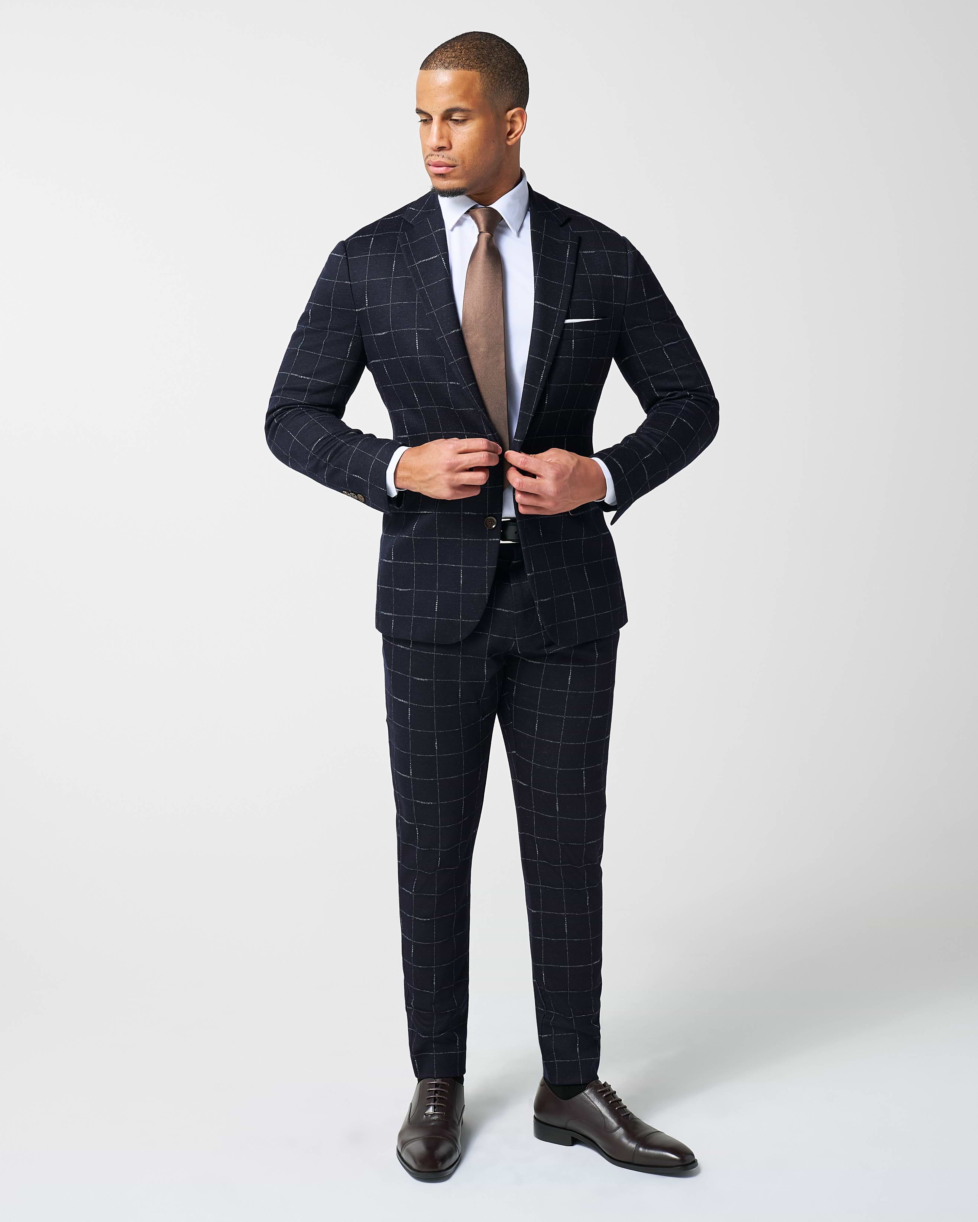 Athletic Fit Stretch Wool Suit Pants - Midnight Navy & Chalk Windowpane