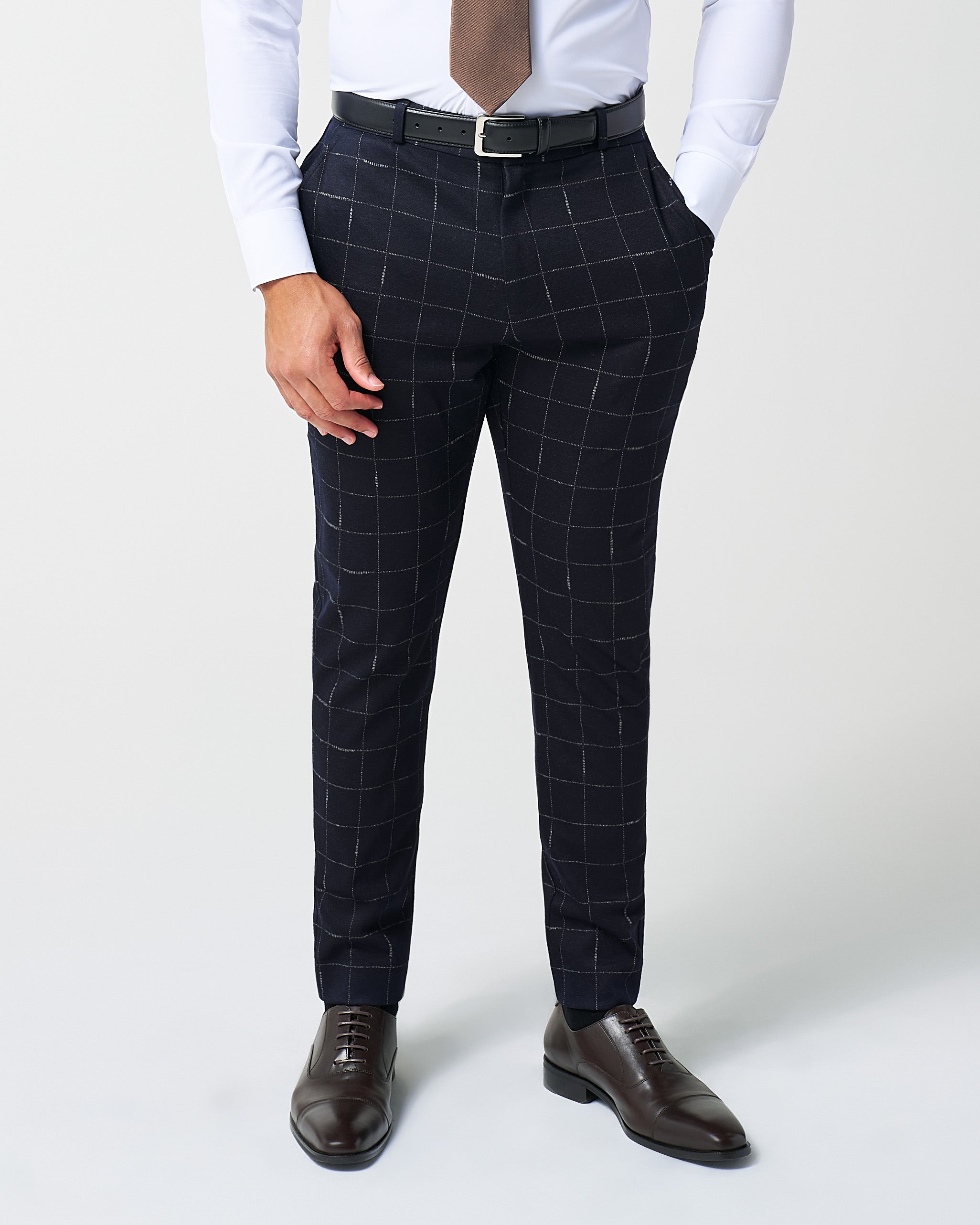 Athletic Fit Stretch Wool Suit Pants - Midnight Navy & Chalk Windowpane