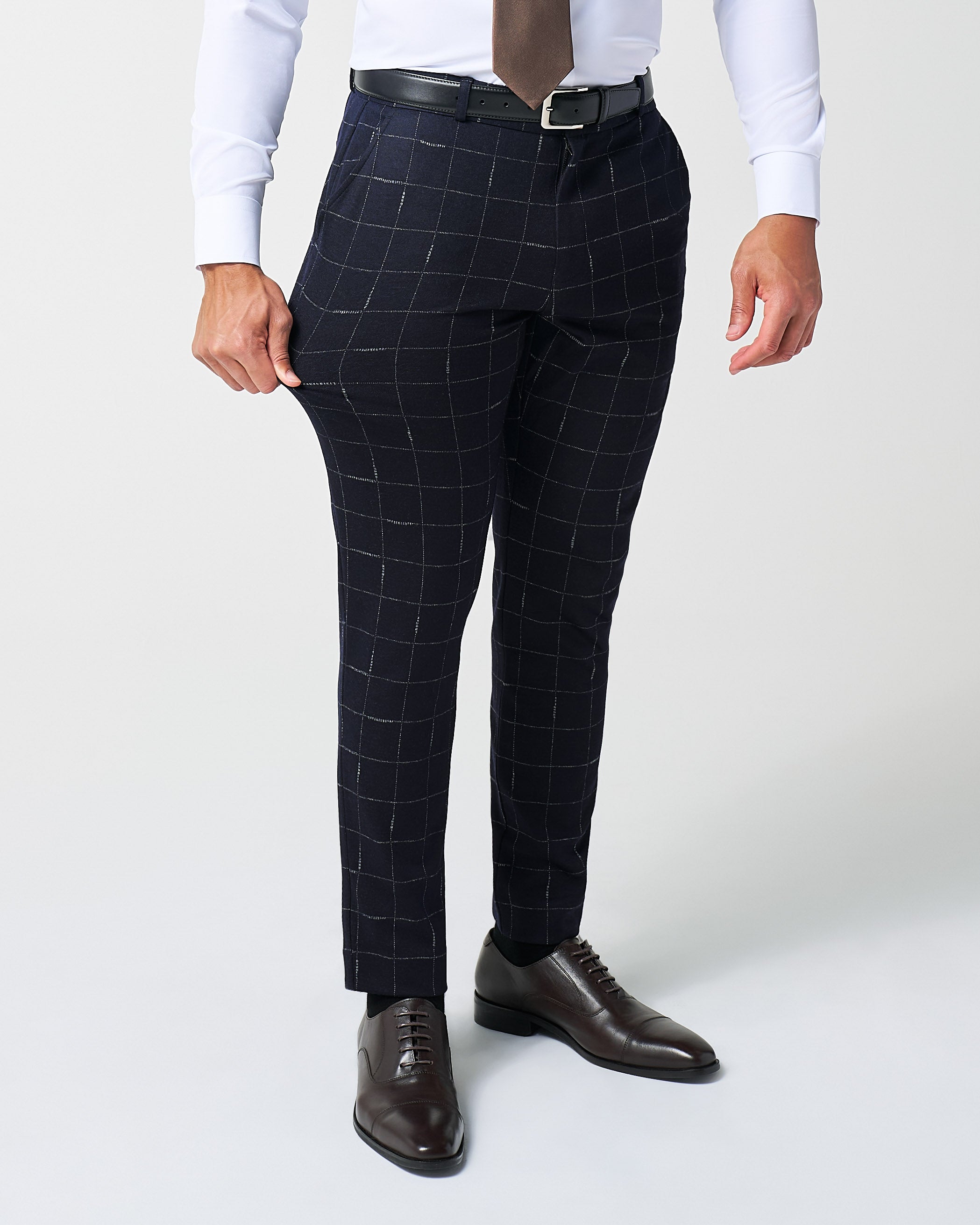 Athletic Fit Stretch Wool Suit Pants - Midnight Navy & Chalk Windowpane