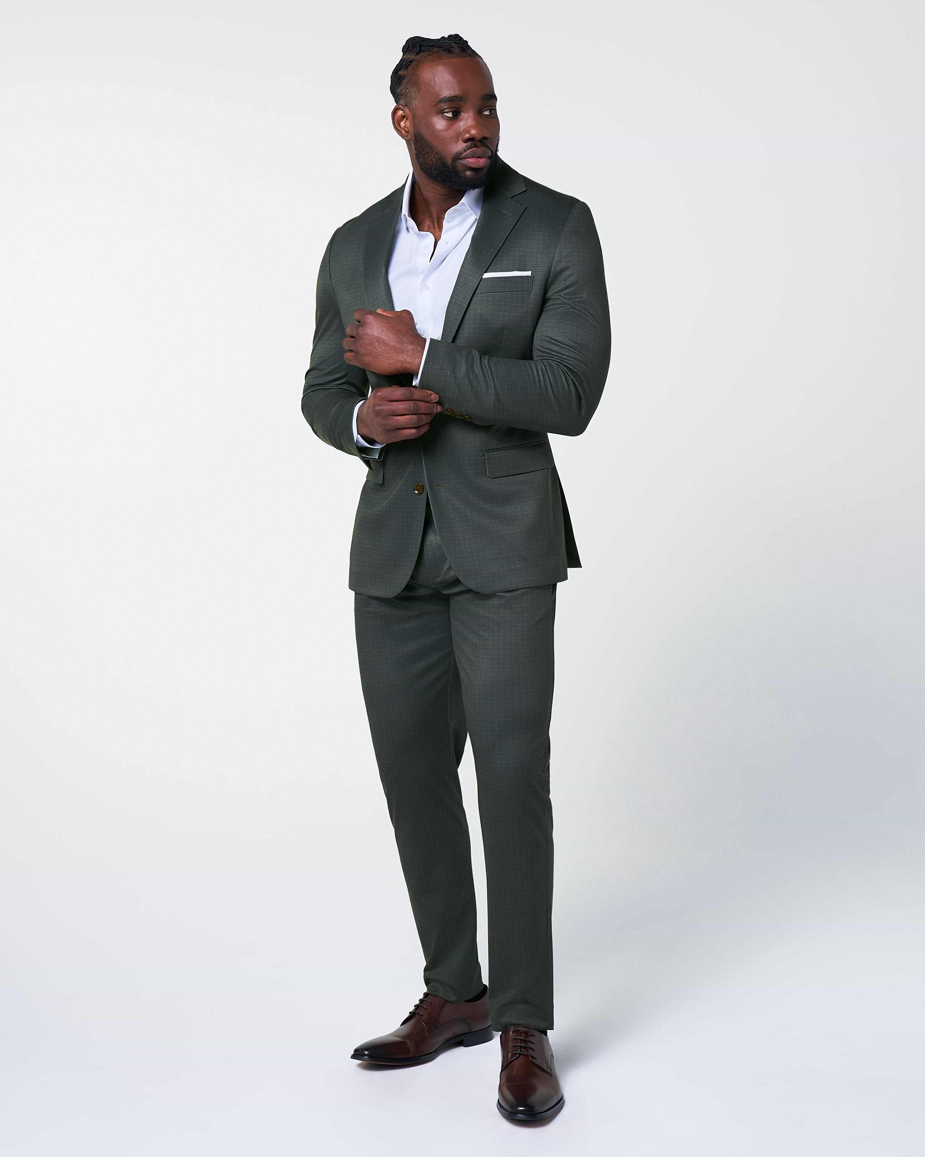 Athletic Fit Stretch Suit - Army Green Microcheck