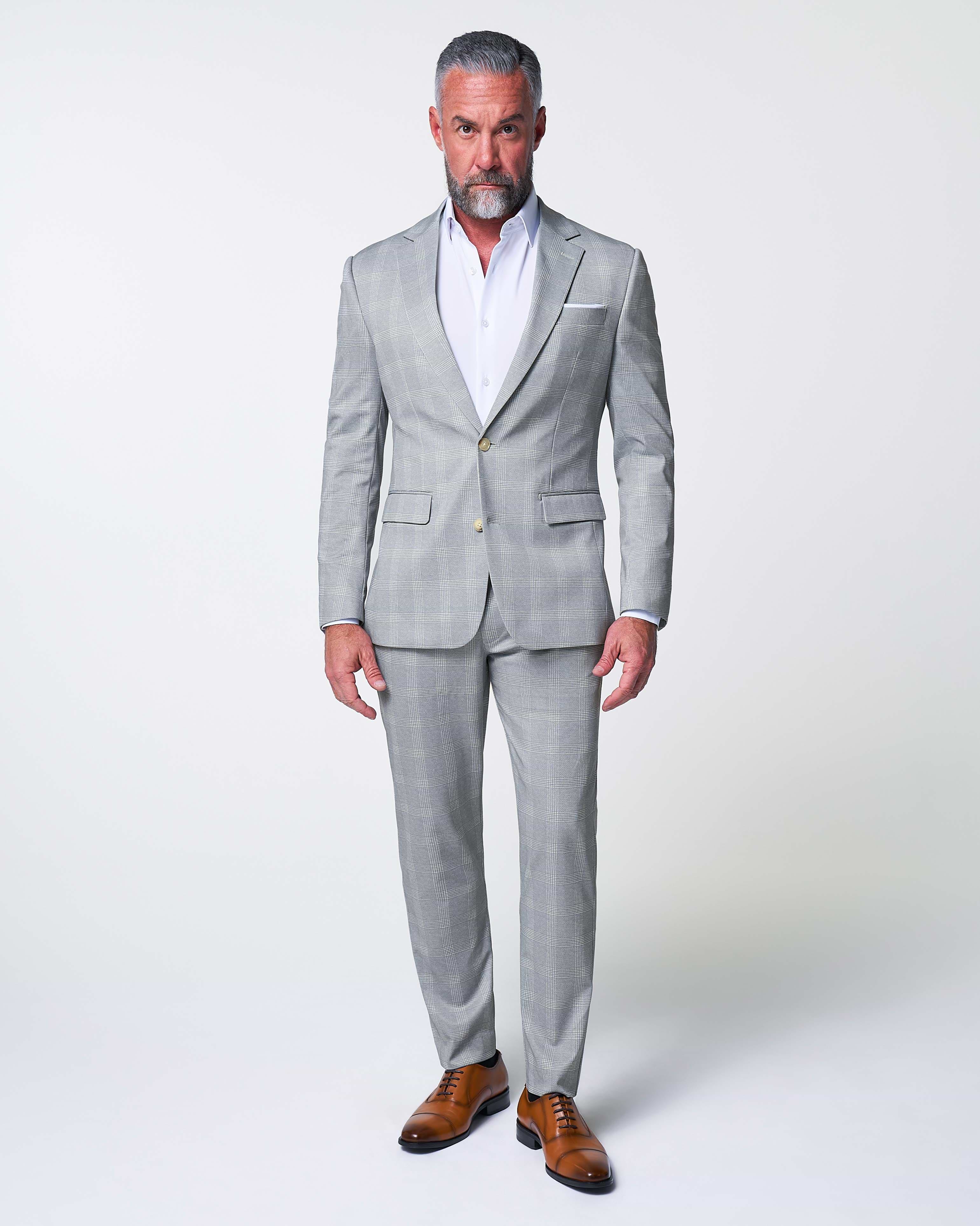 Athletic Fit Stretch Suit - Ash Grey with White Plaid