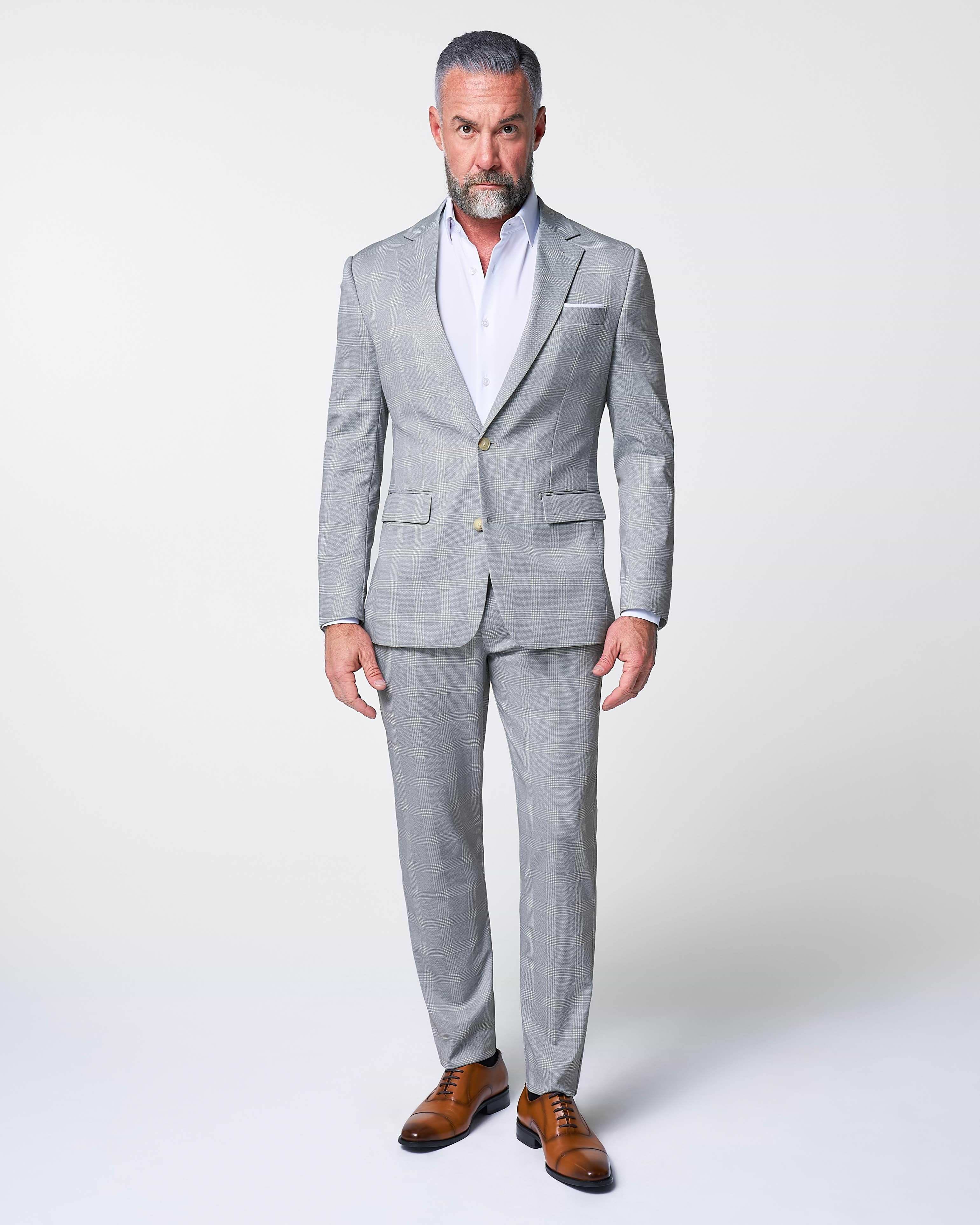 Athletic Fit Stretch Blazer - Ash Grey with White Plaid