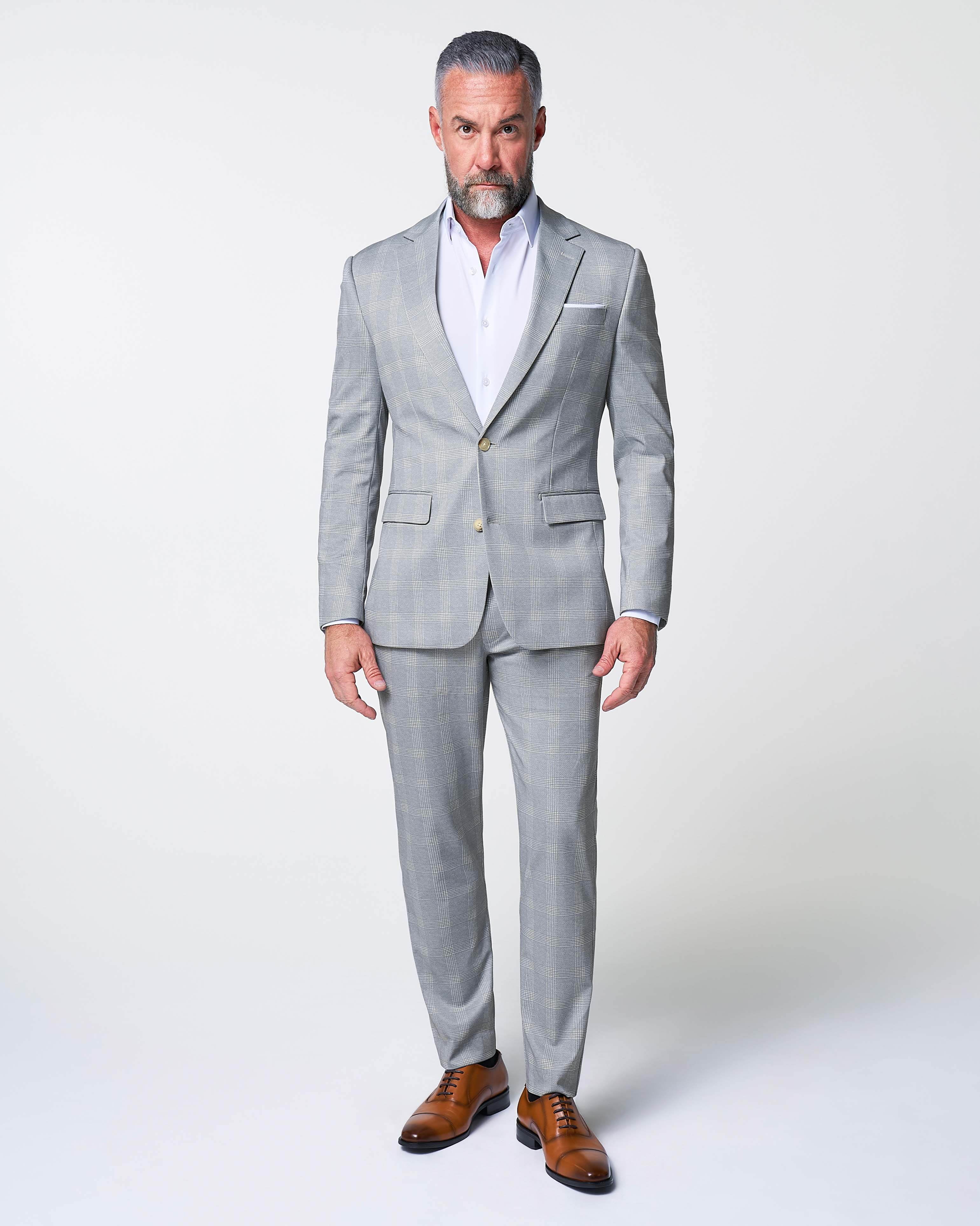 Athletic Fit Stretch Blazer - Ash Grey with White Plaid