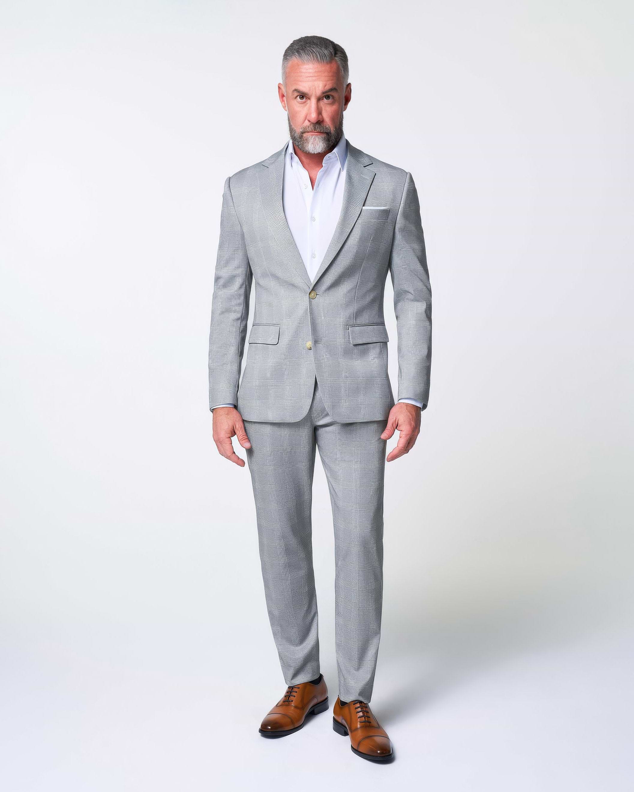 Athletic Fit Stretch Suit - Ash Grey with White Plaid