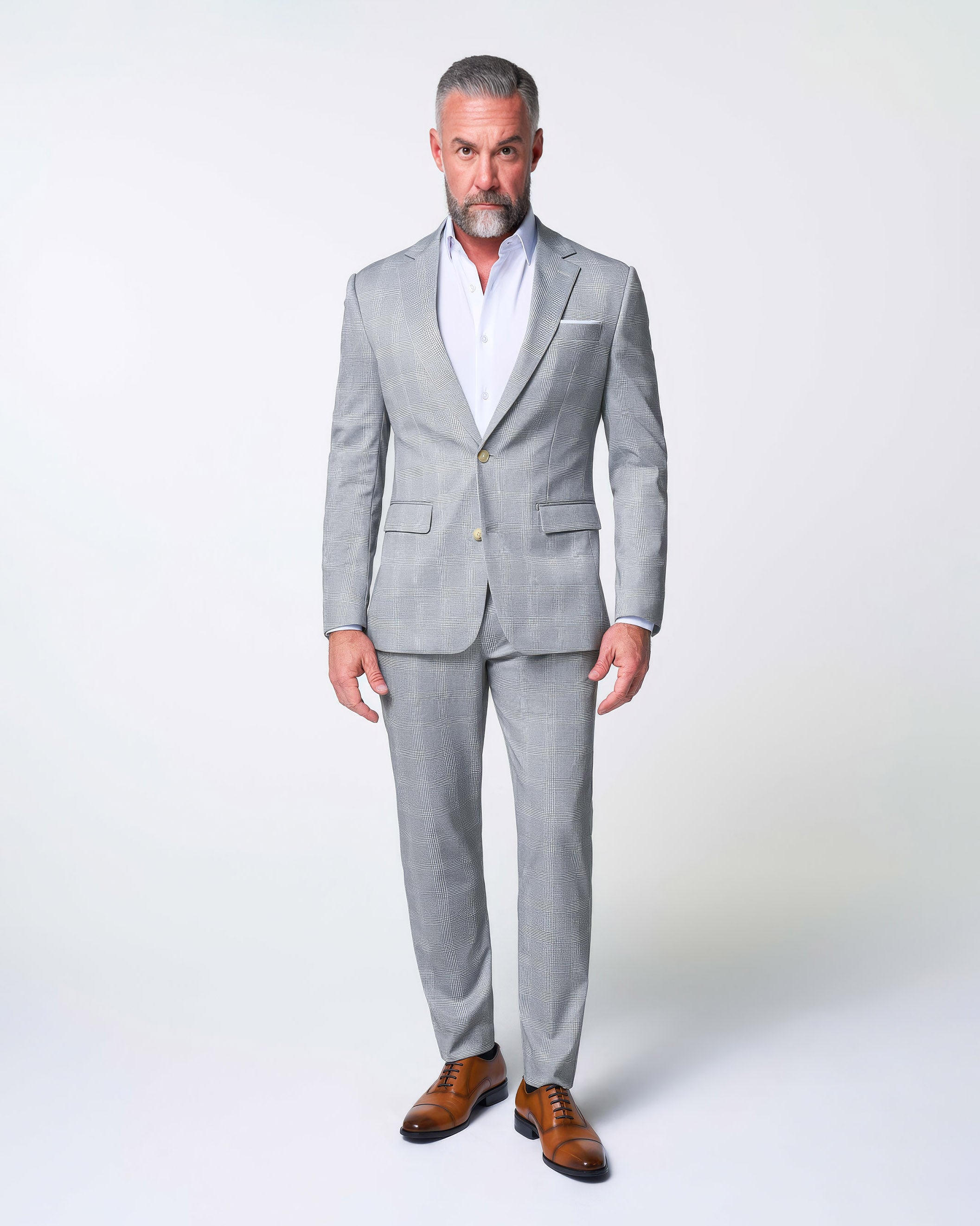 Athletic Fit Stretch Suit - Ash Grey with White Plaid