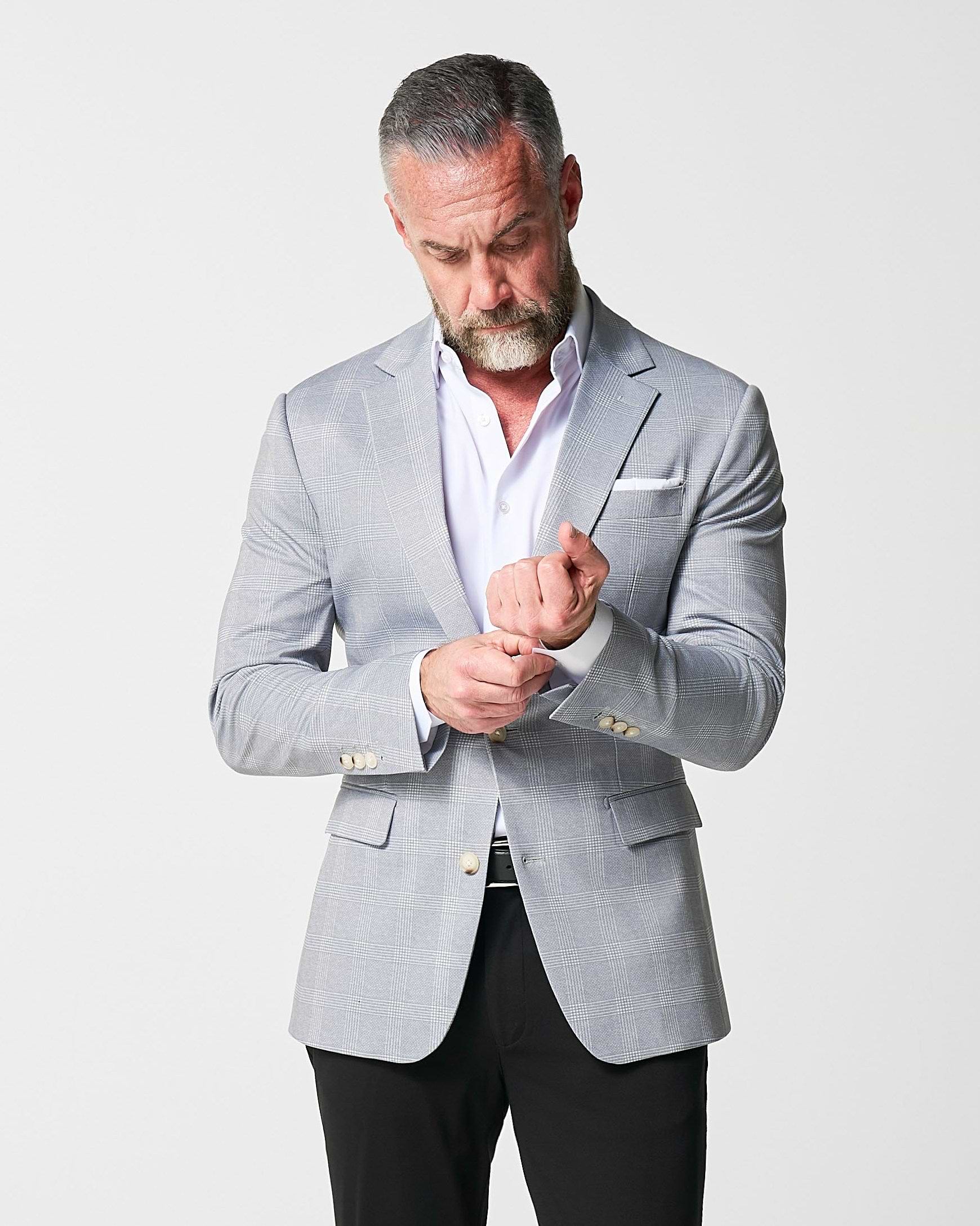 Athletic Fit Stretch Blazer - Ash Grey with White Plaid