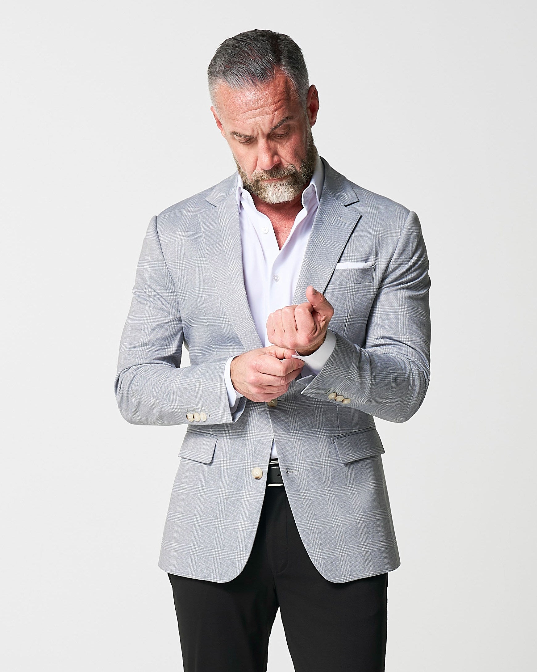 Athletic Fit Stretch Blazer - Ash Grey with White Plaid