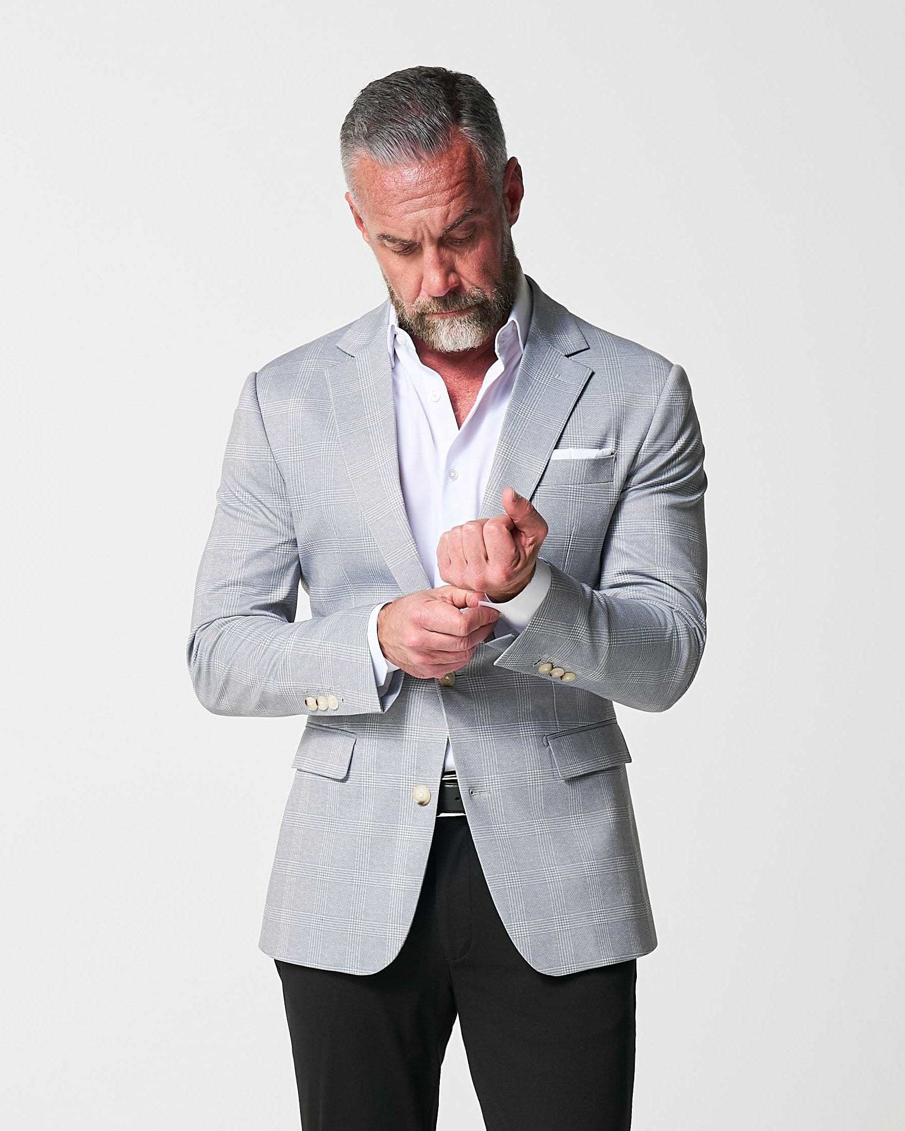 Athletic Fit Stretch Blazer - Ash Grey with White Plaid