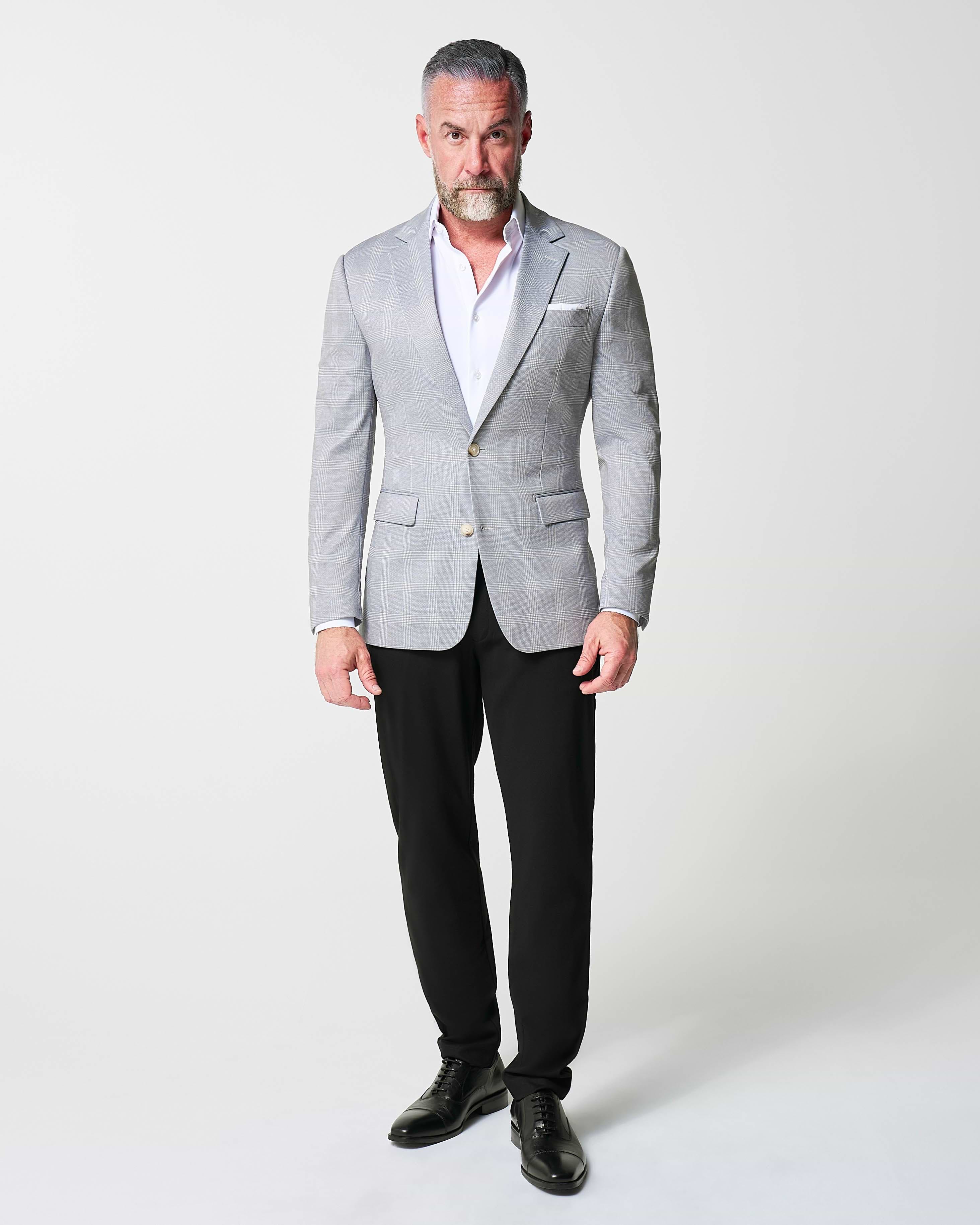 Athletic Fit Stretch Blazer - Ash Grey with White Plaid