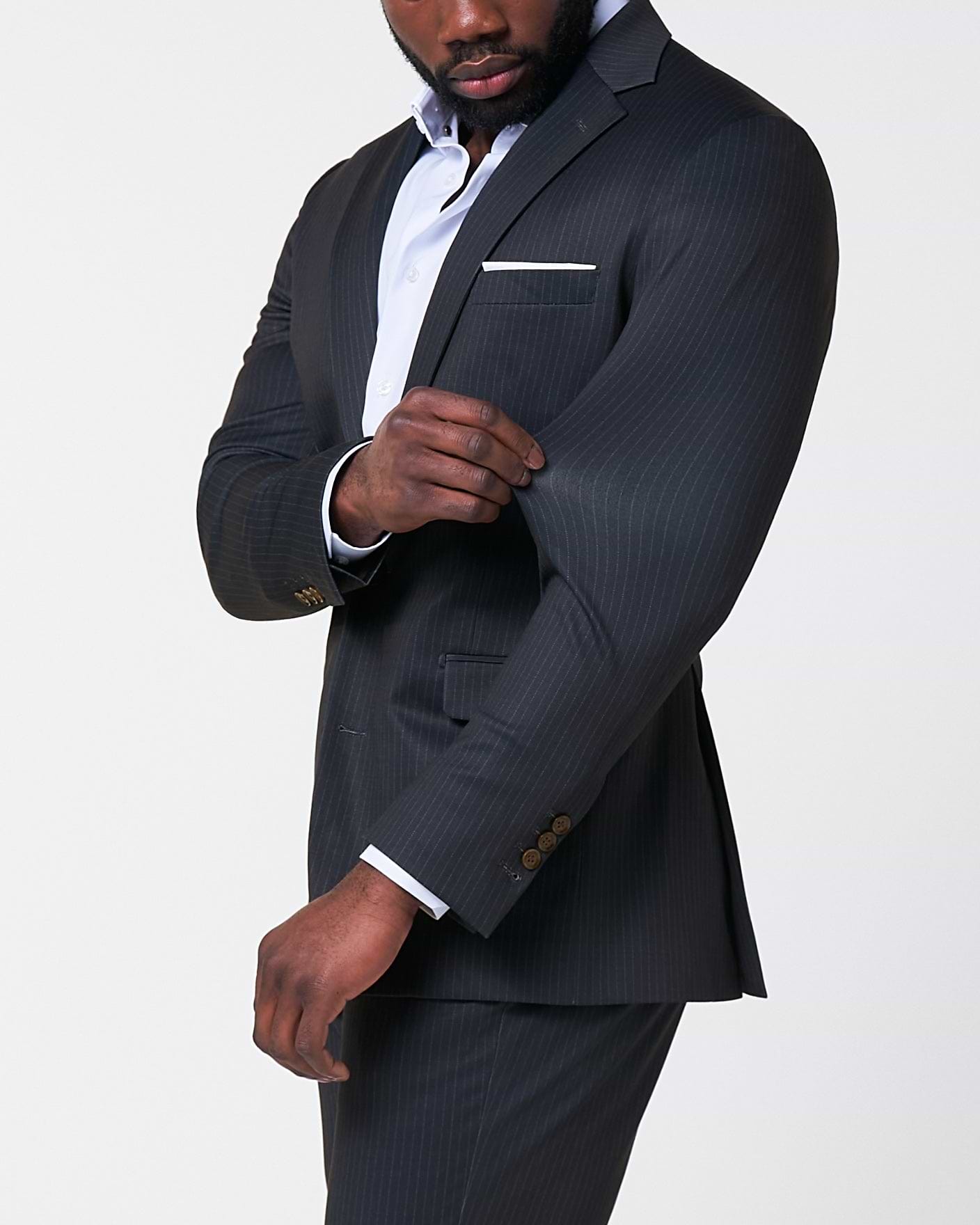 Athletic Fit Stretch Suit - Knit Black & Light Blue Pinstripe