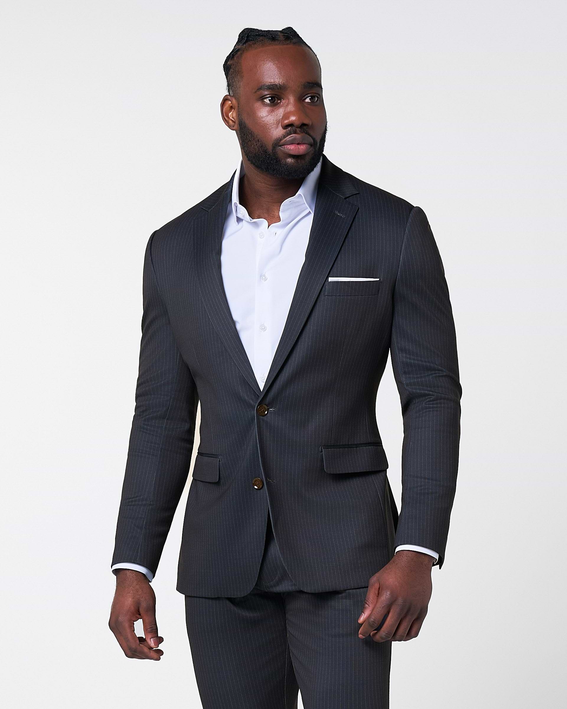 Athletic Fit Stretch Suit - Knit Black & Light Blue Pinstripe