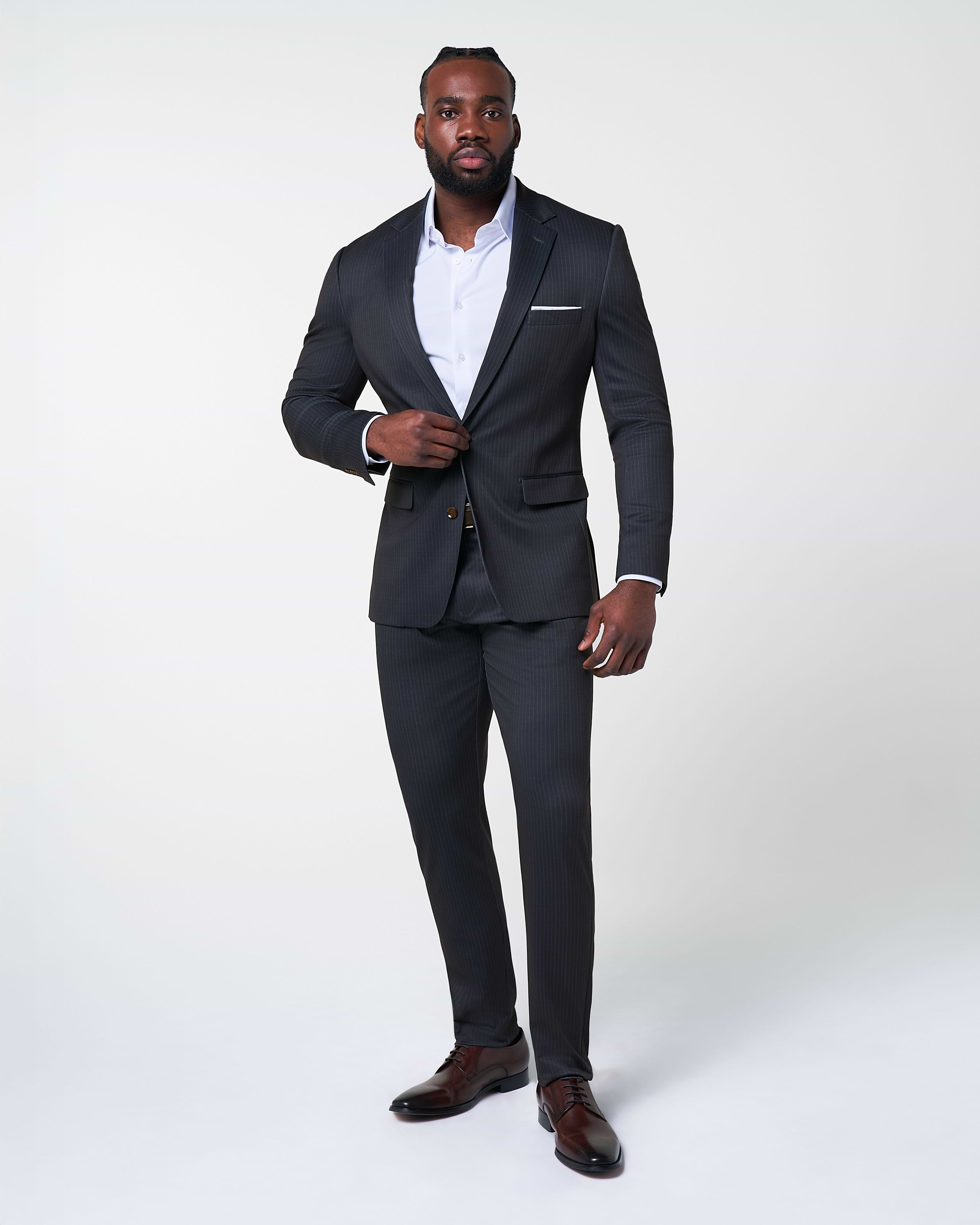 Athletic Fit Stretch Suit - Knit Black & Light Blue Pinstripe