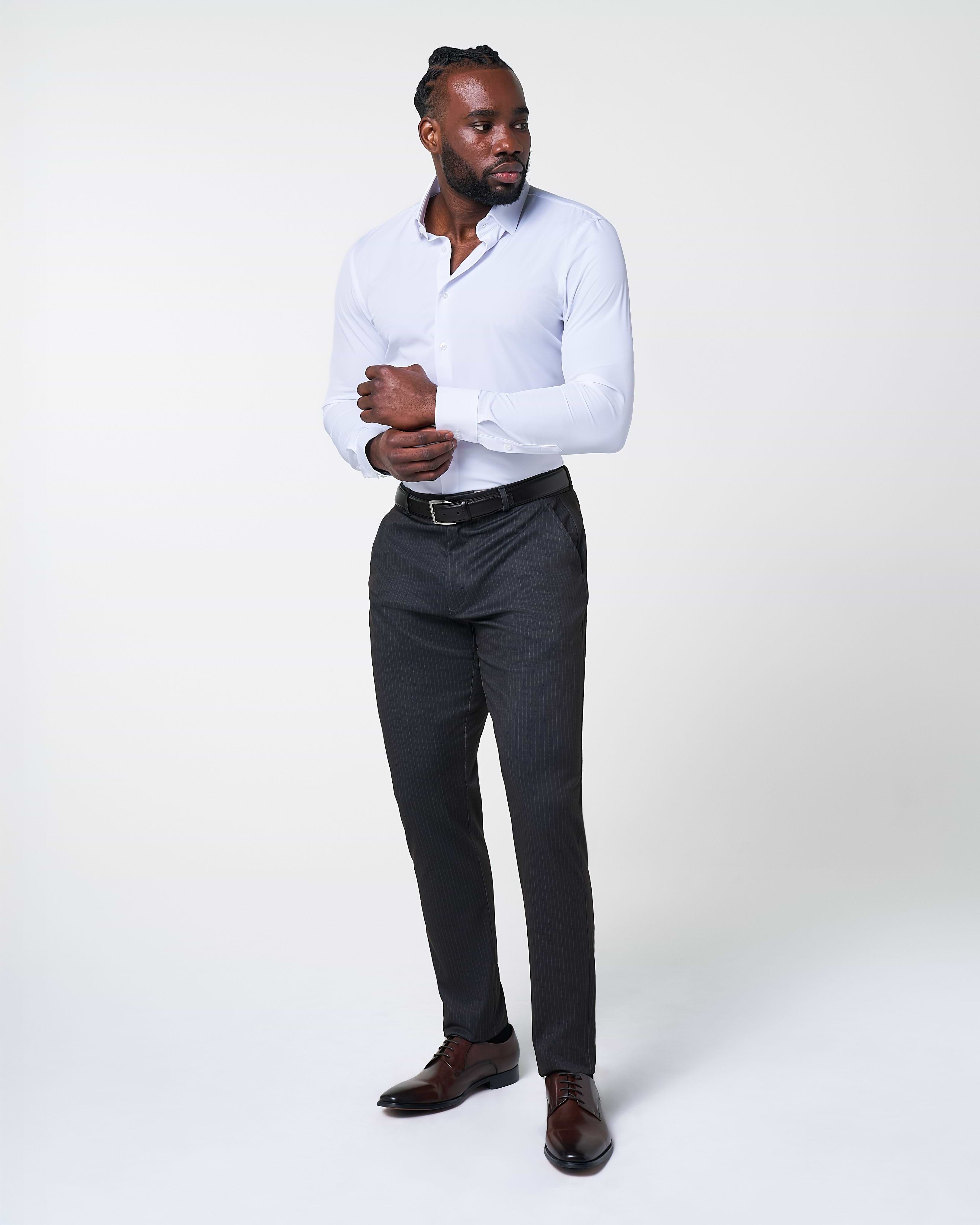Athletic Fit Stretch Suit - Knit Black & Light Blue Pinstripe