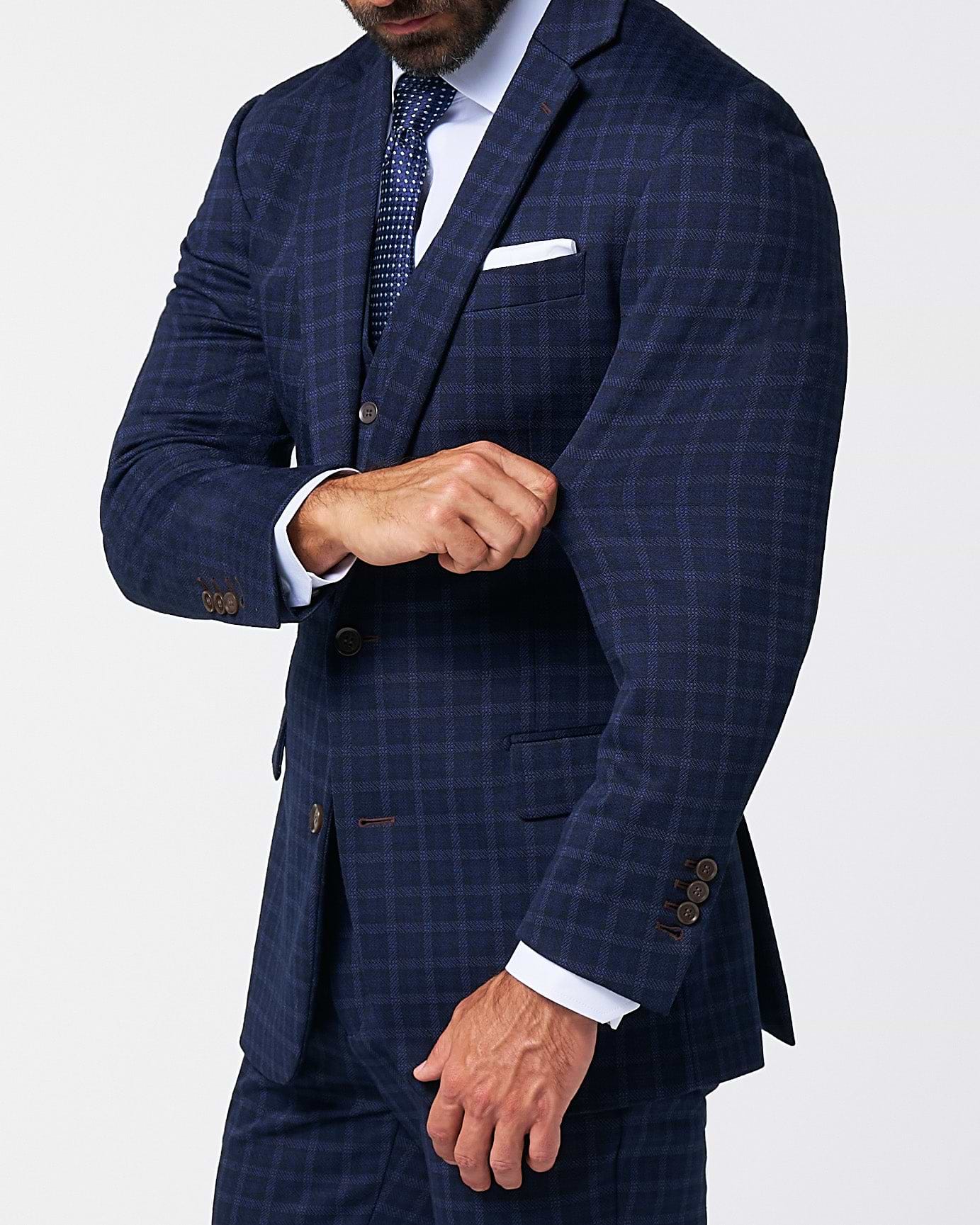 Athletic Fit Stretch Wool Suit - Blue Plaid