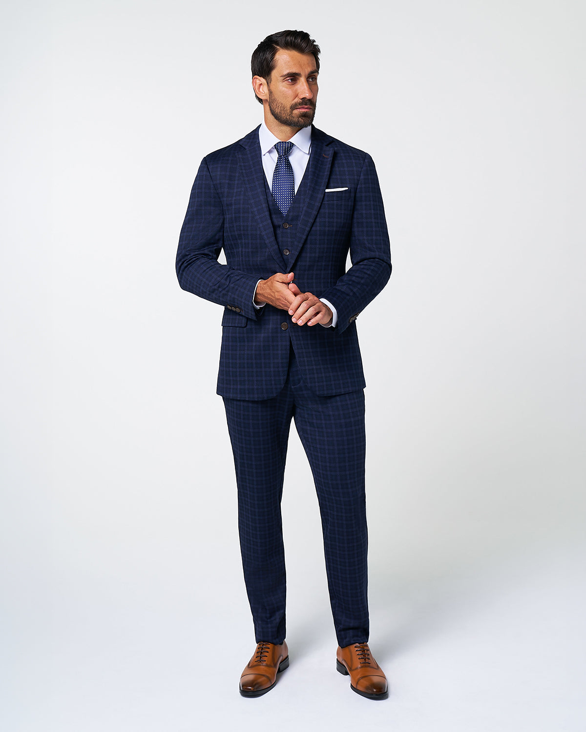 Athletic Fit Stretch Wool Suit - Blue Plaid