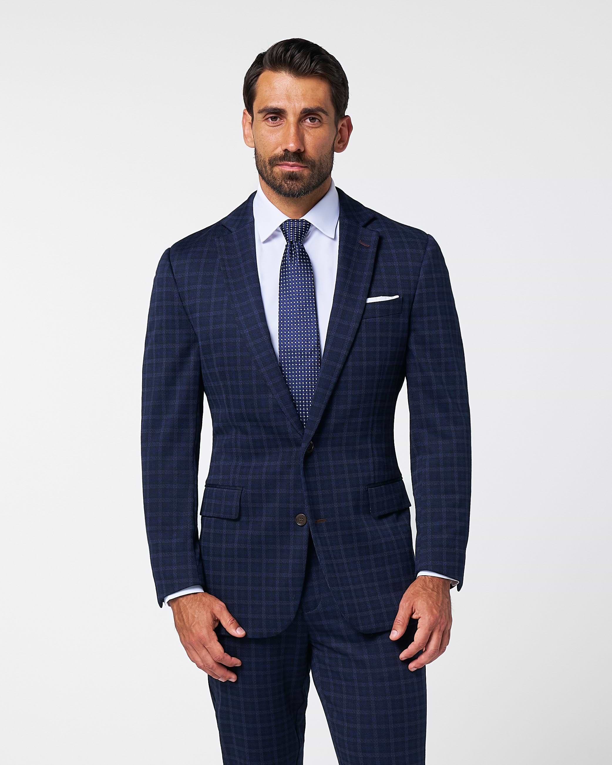 Athletic Fit Stretch Wool Suit - Blue Plaid