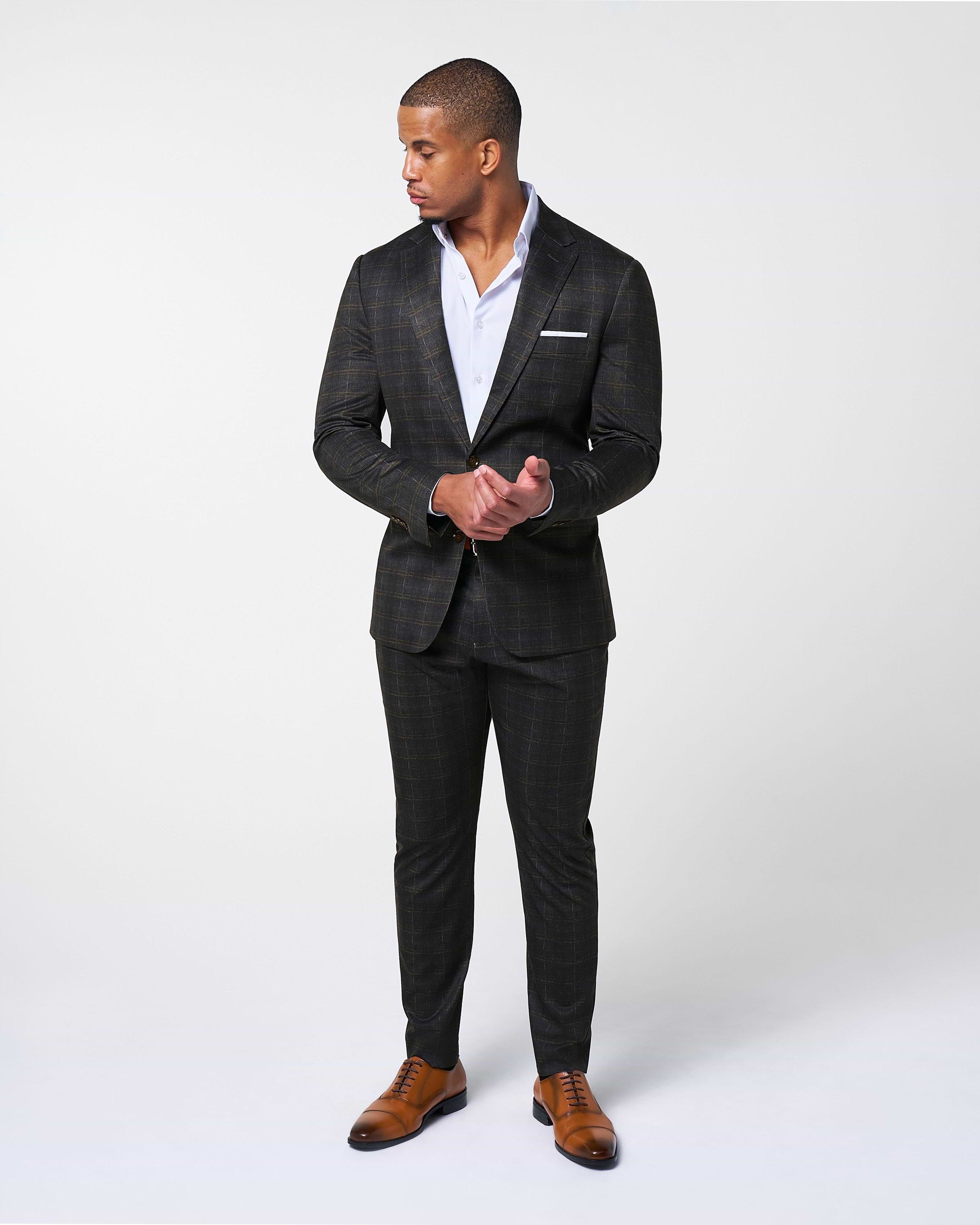Athletic Fit Stretch Suit - Brown Plaid
