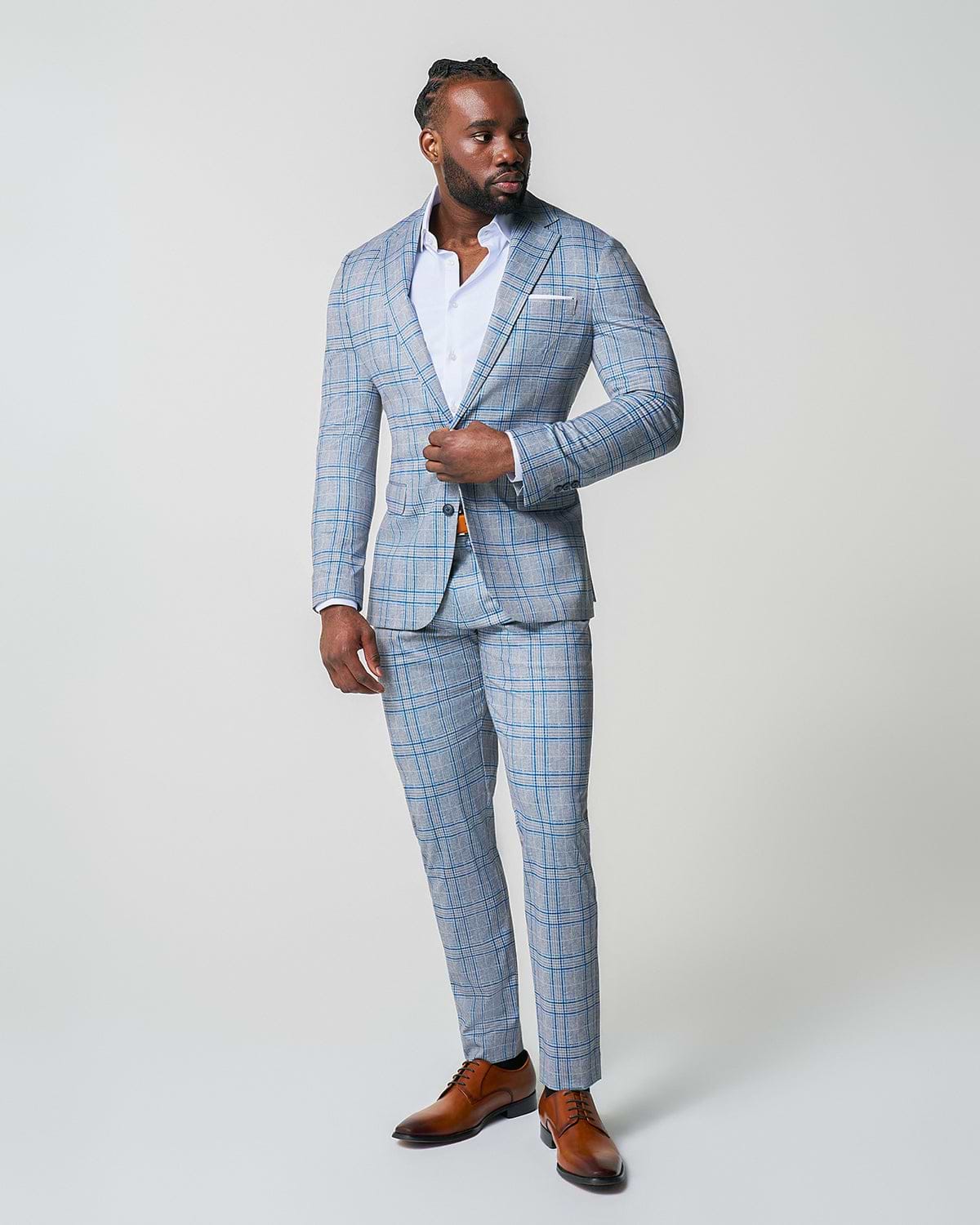Athletic Fit Stretch Suit Pants - Grey & Royal Blue Plaid