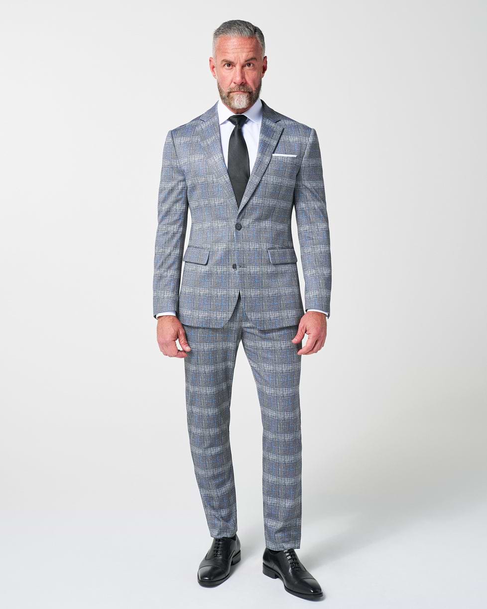 Athletic Fit Stretch Suit - Grey with Blue Plaid