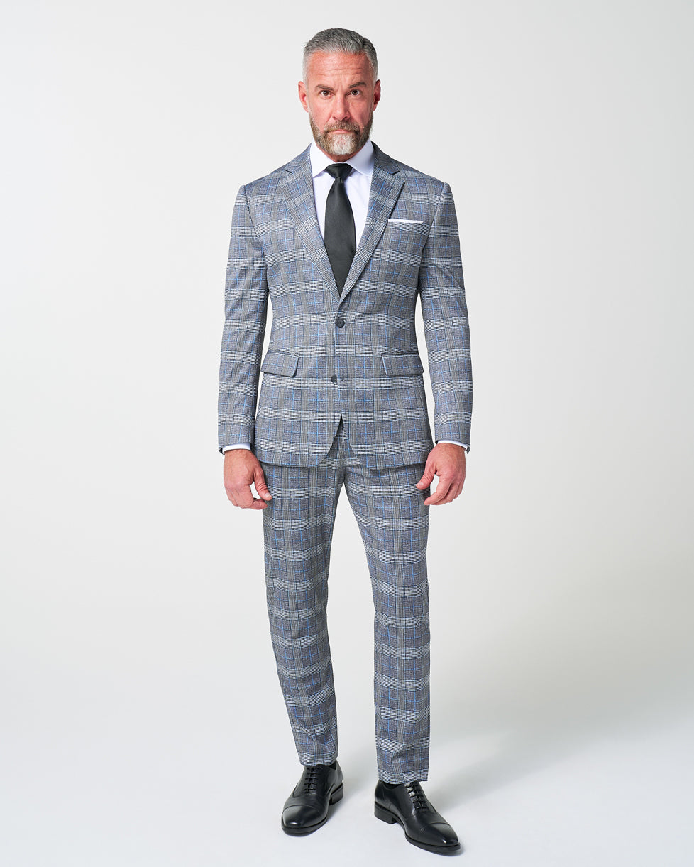 Athletic Fit Stretch Suit - Grey with Blue Plaid