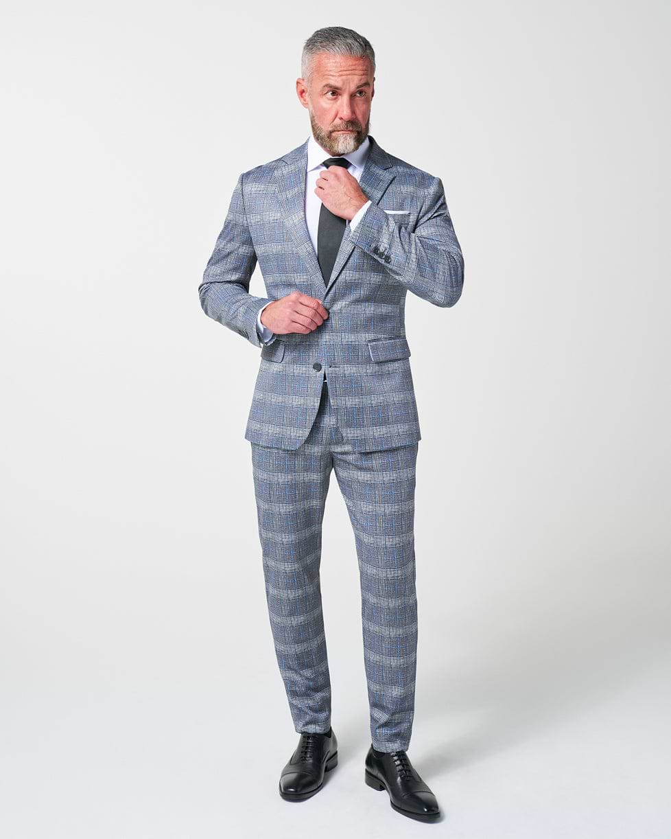 Athletic Fit Stretch Suit - Grey with Blue Plaid