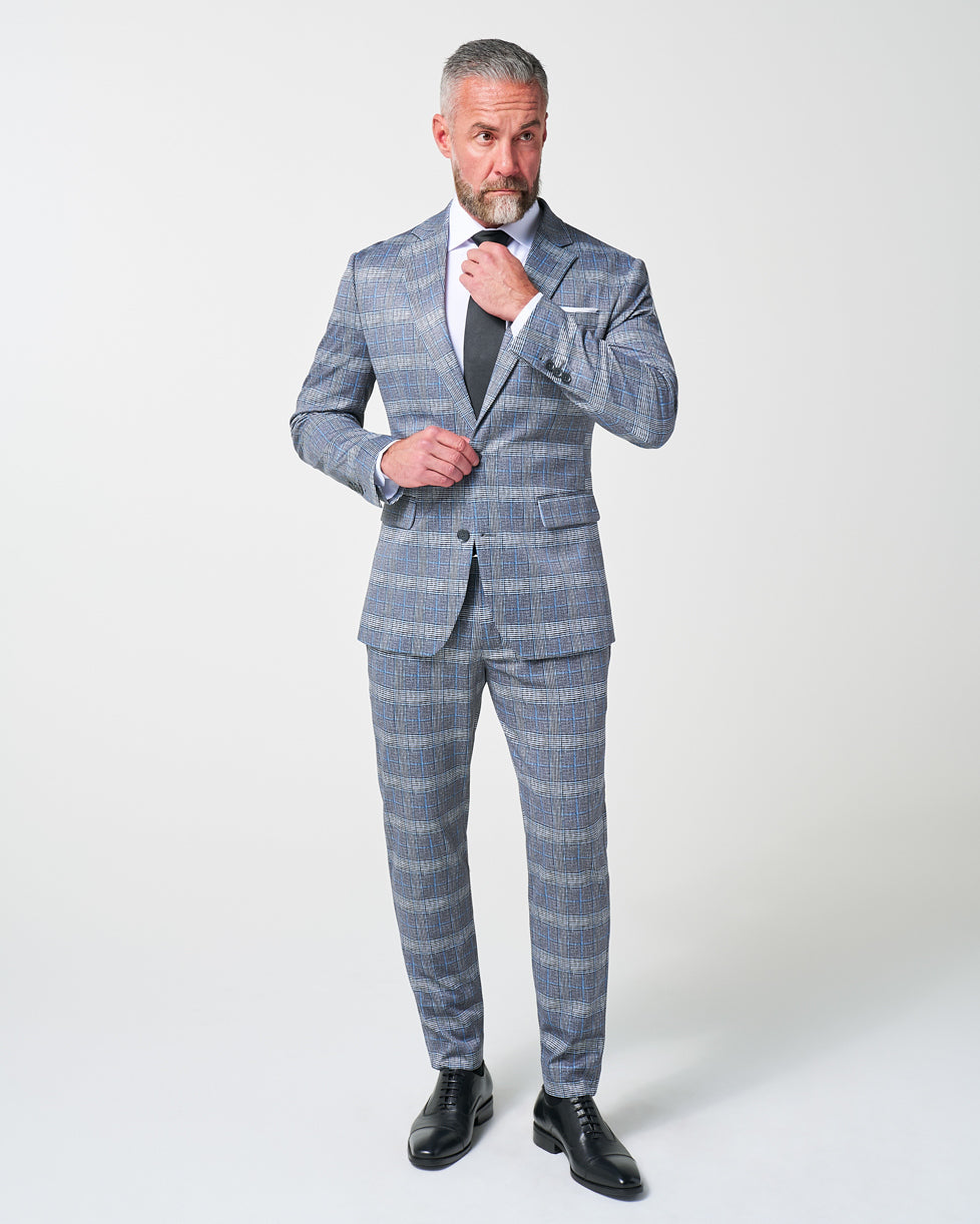 Athletic Fit Stretch Suit - Grey with Blue Plaid