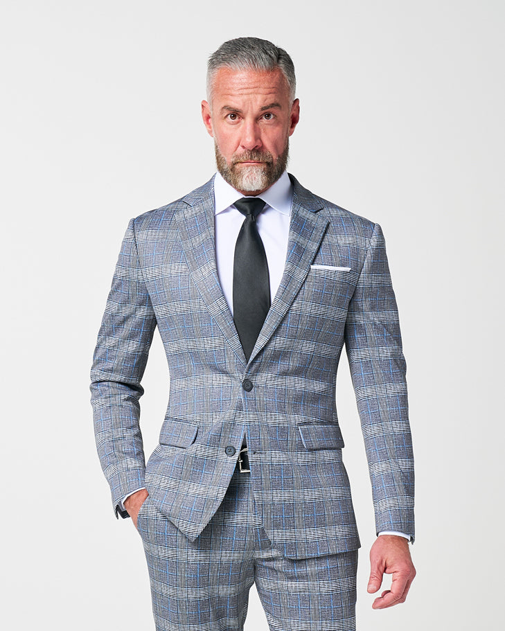 Athletic Fit Stretch Suit - Grey with Blue Plaid