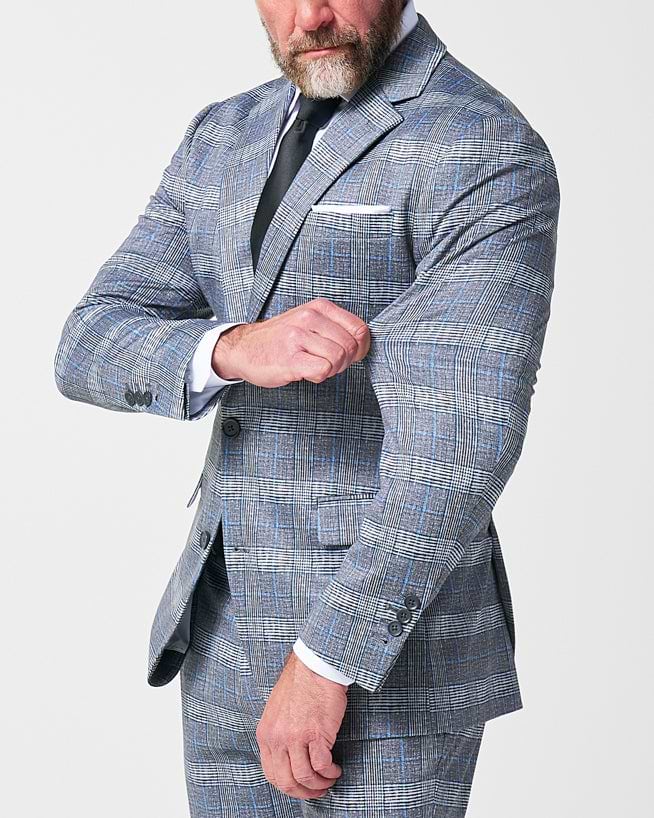 Athletic Fit Stretch Suit - Grey with Blue Plaid