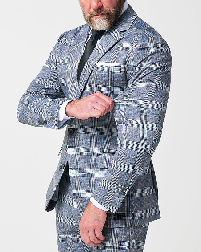 Athletic Fit Stretch Suit - Grey with Blue Plaid